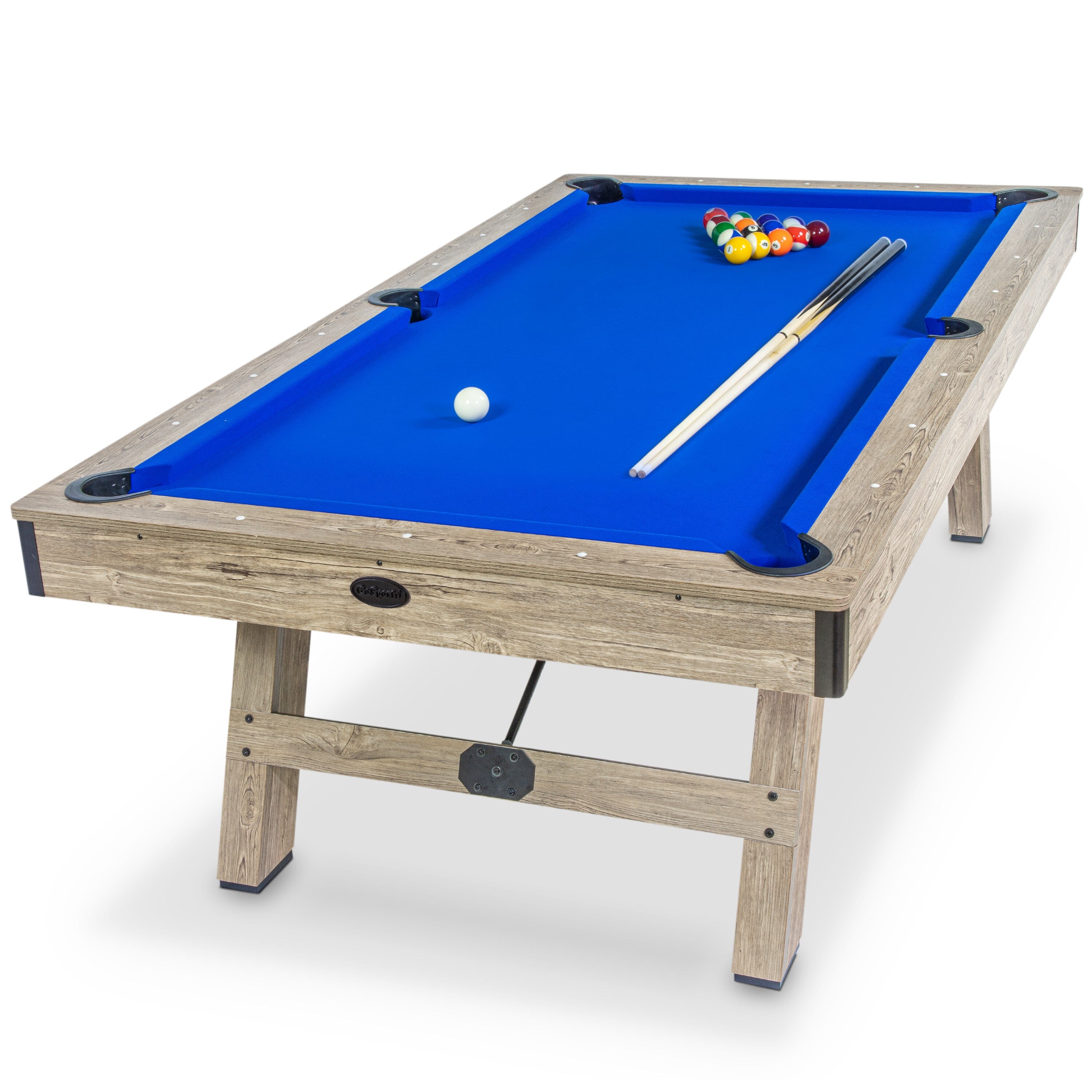 GoSports 8 ft Pool Table with Rustic Brown Wood Finish - Modern Billiards Table with 2 Cue Sticks, Balls, Rack, Felt Brush and Chalk - Blue GoSports