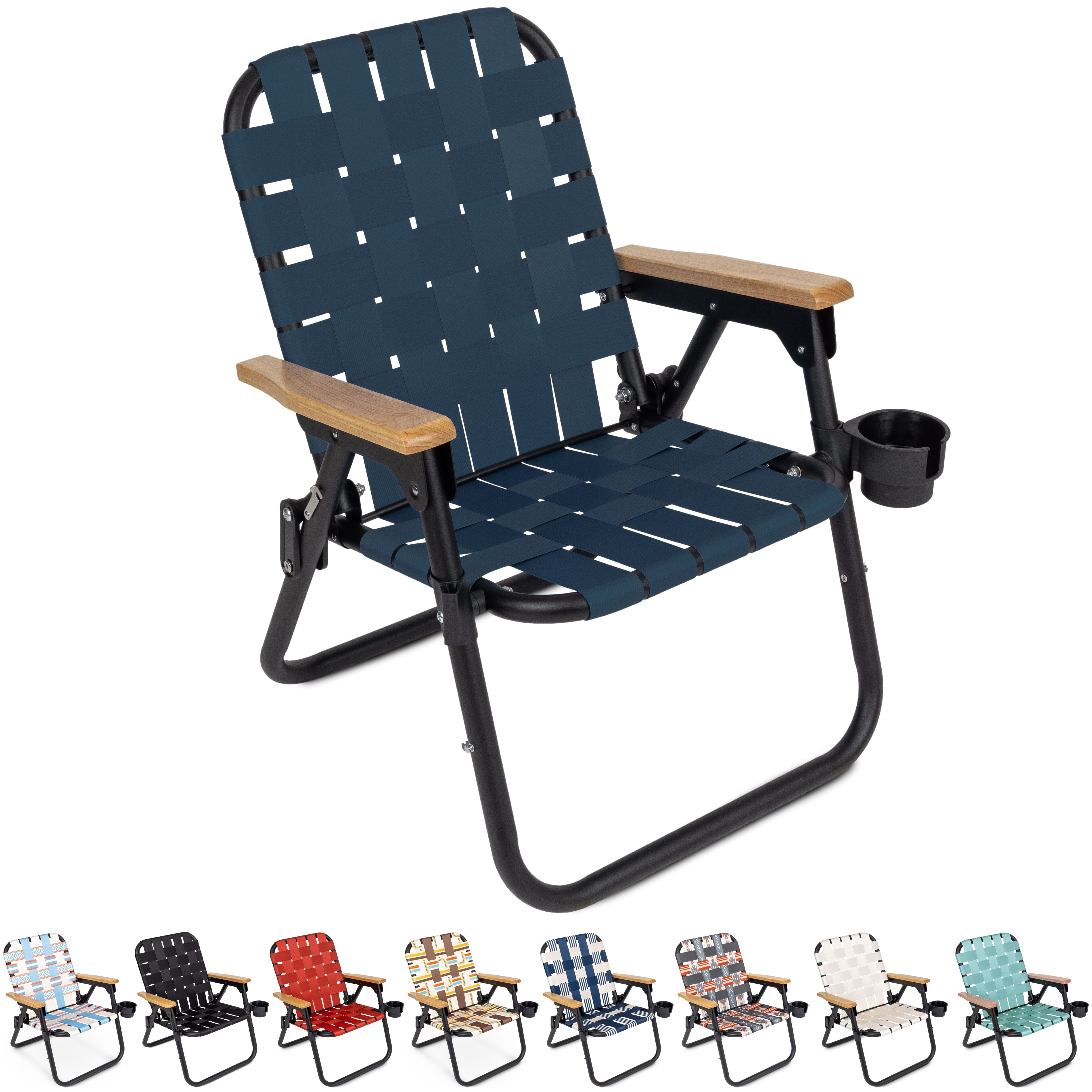 the folding beach chair with a wooden seat