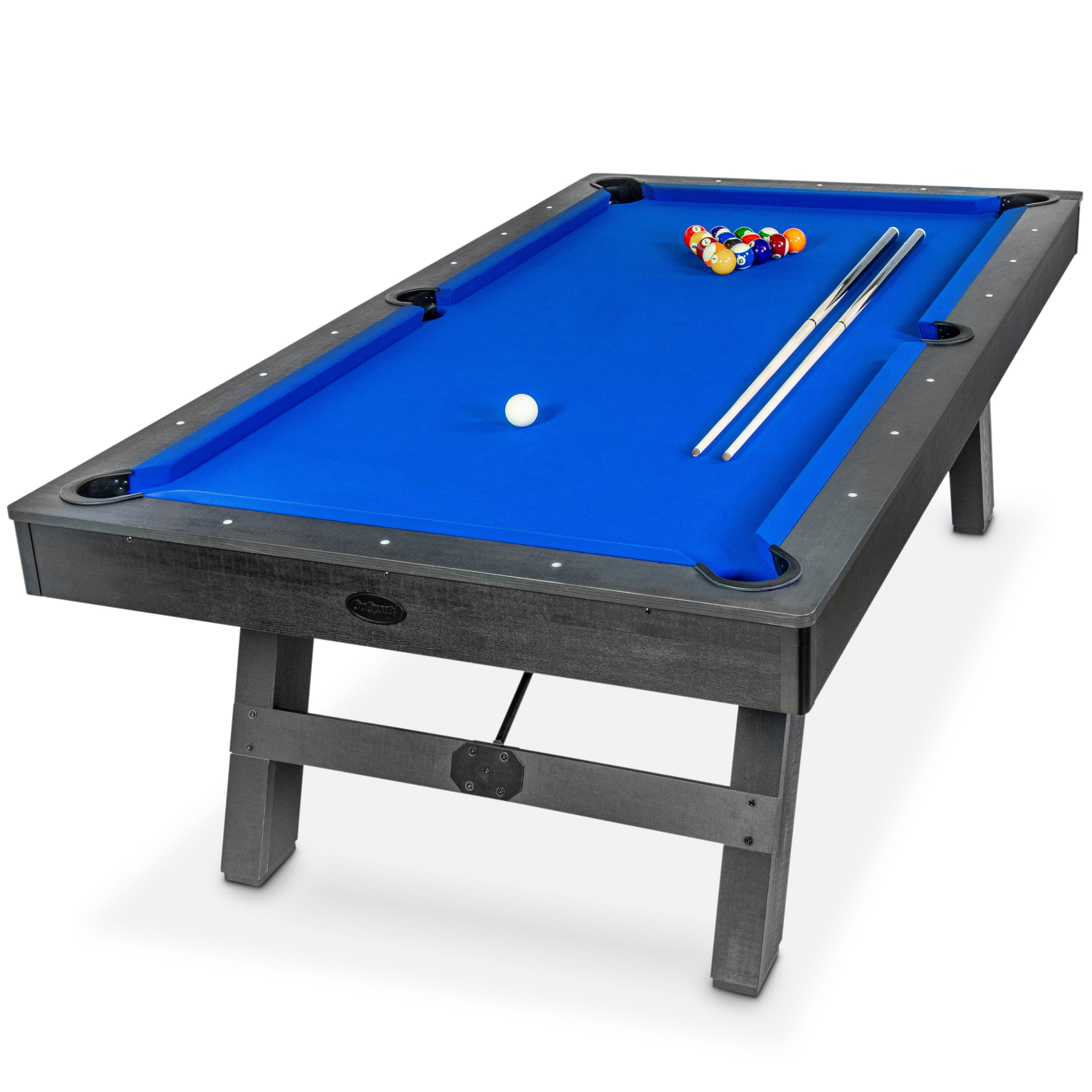 GoSports 8 ft Pool Table with Rustic Black Wood Finish - Modern Billiards Table with 2 Cue Sticks, Balls, Rack, Felt Brush and Chalk - Blue GoSports