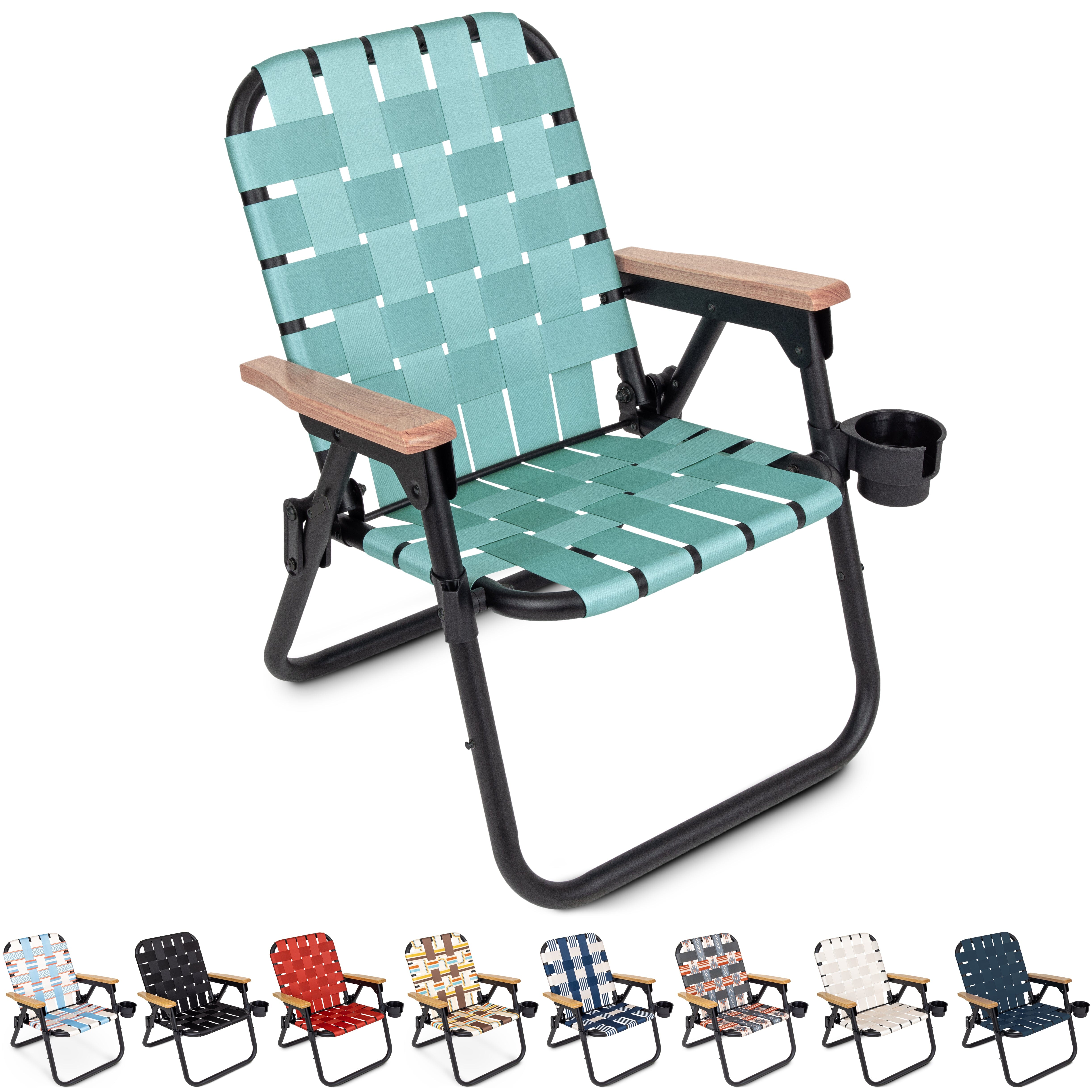 the folding beach chair with a wooden seat