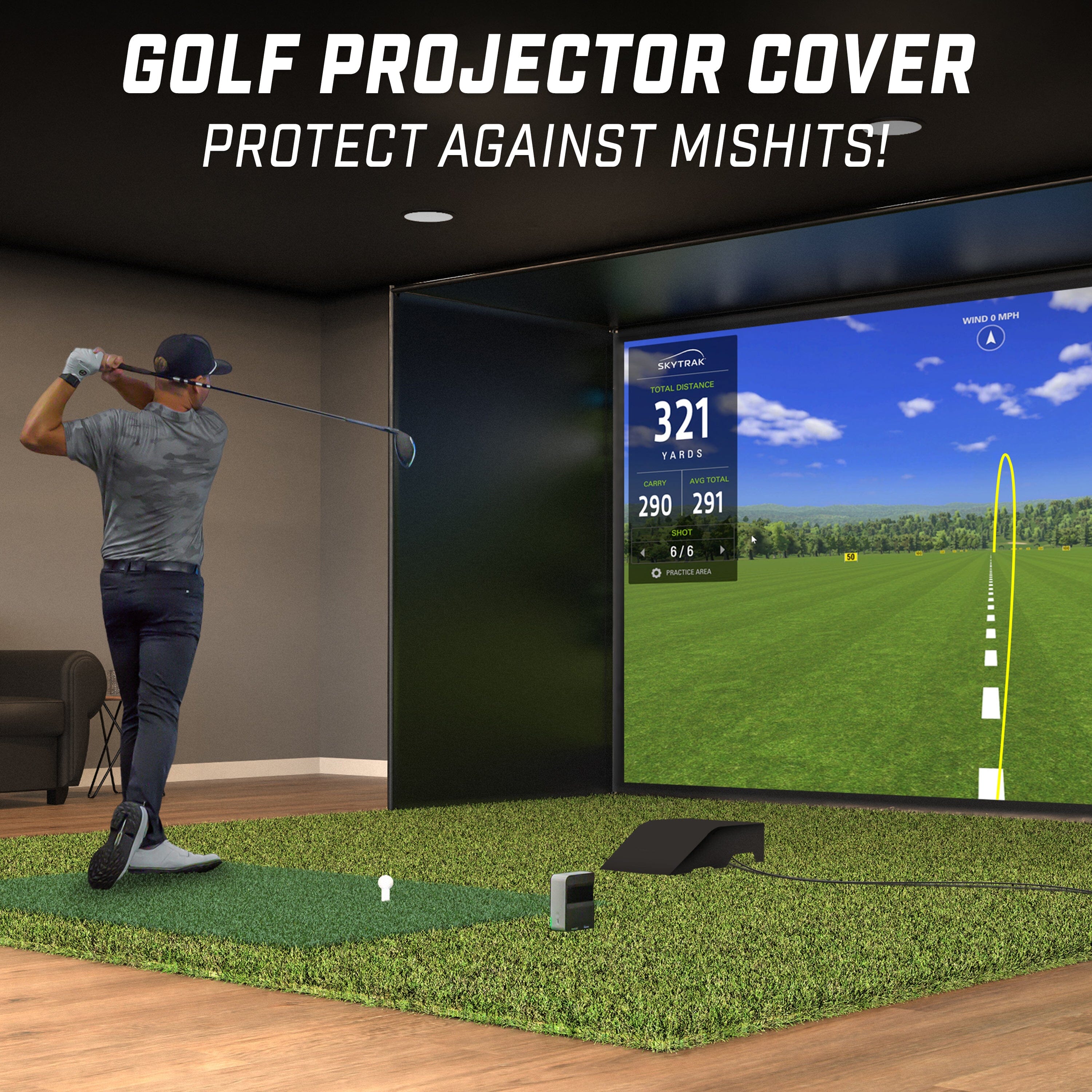 Man swinging golf club to hit simulator bay with projection