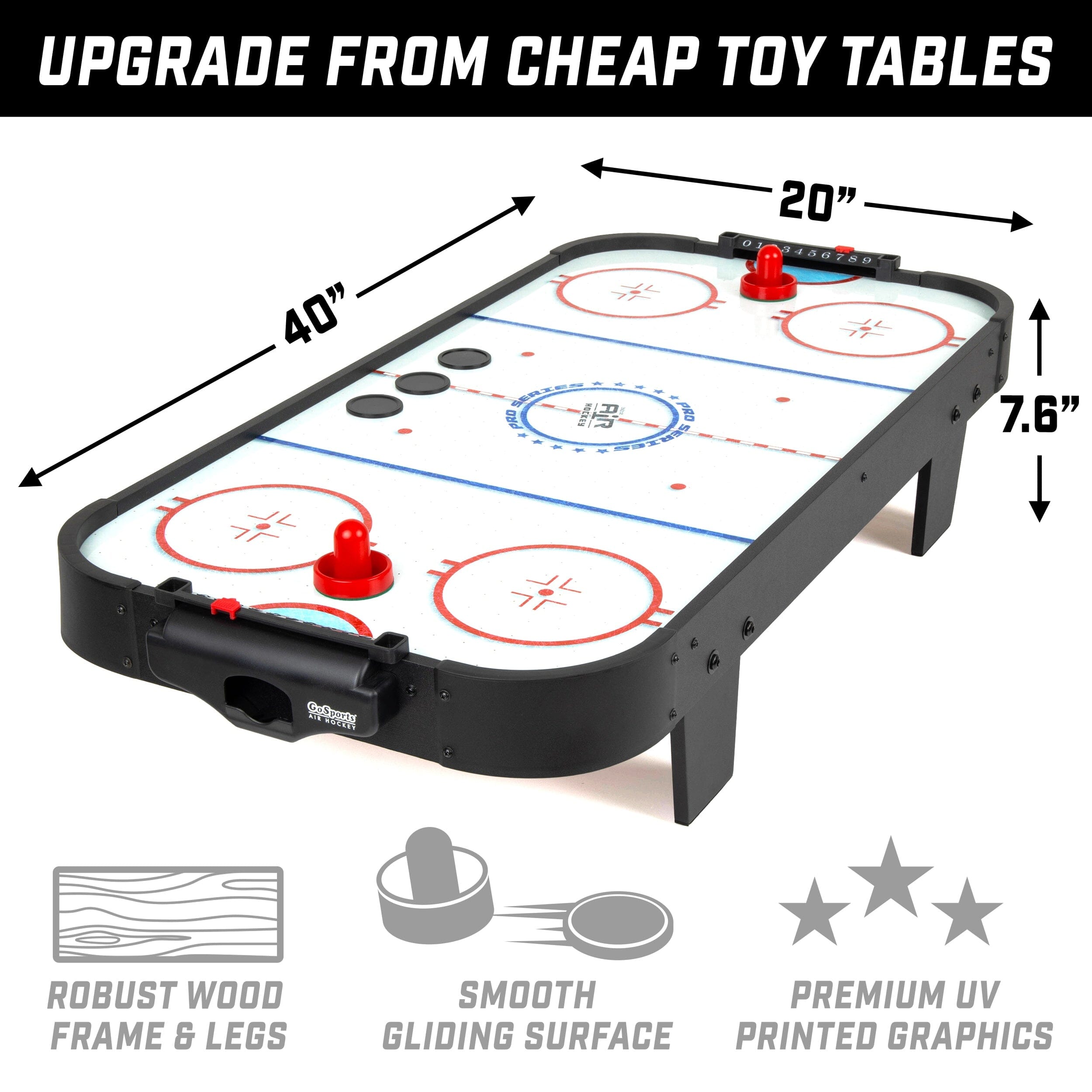 GoSports 40 Inch Table Top Air Hockey Game for Kids - Black or Oak - AC Powered Motor GoSports