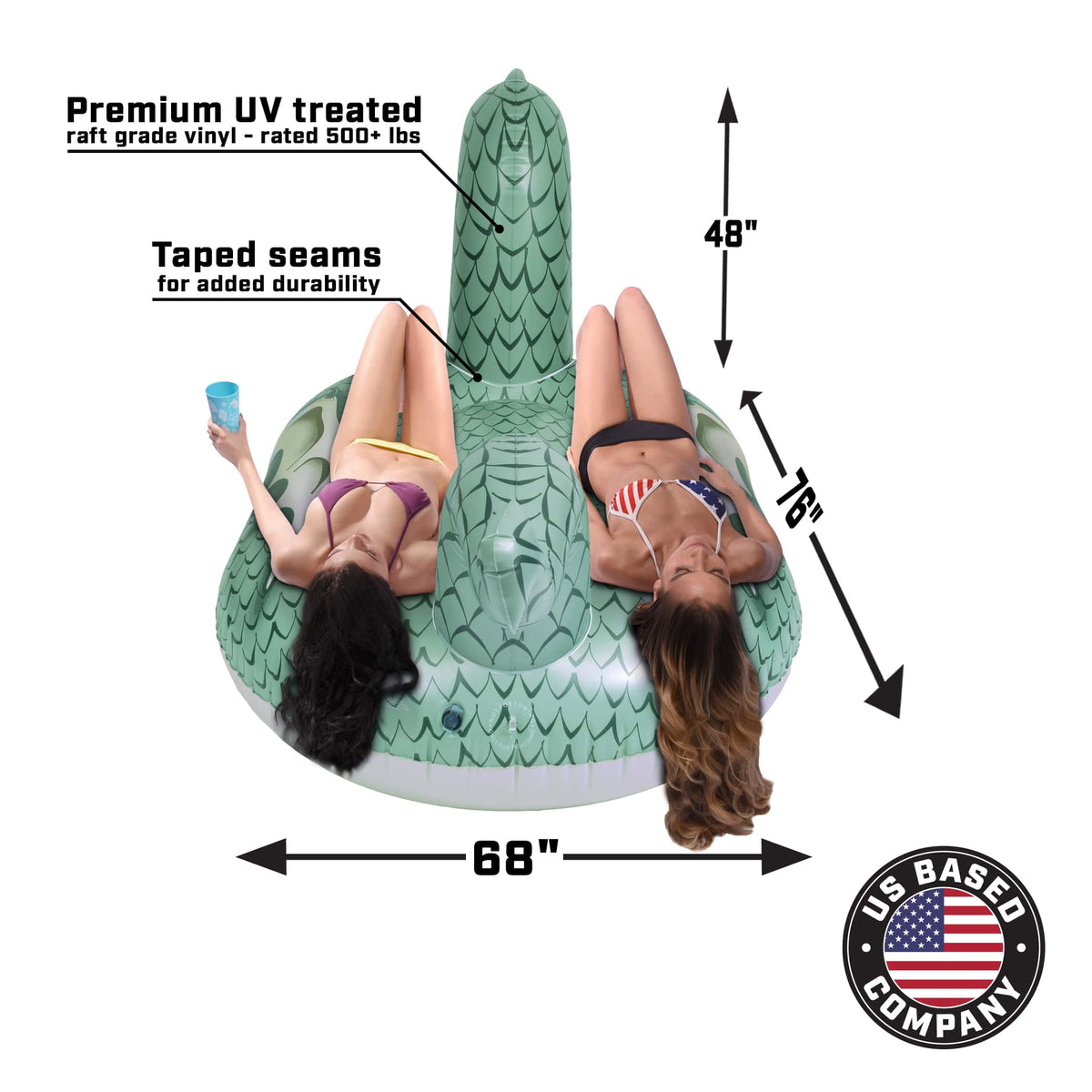 Top view of 2 riders on the GoFloats giant Fire Dragon pool float: 76" x 68" with 48" neck, UV treated vinyl rated 500+ lbs