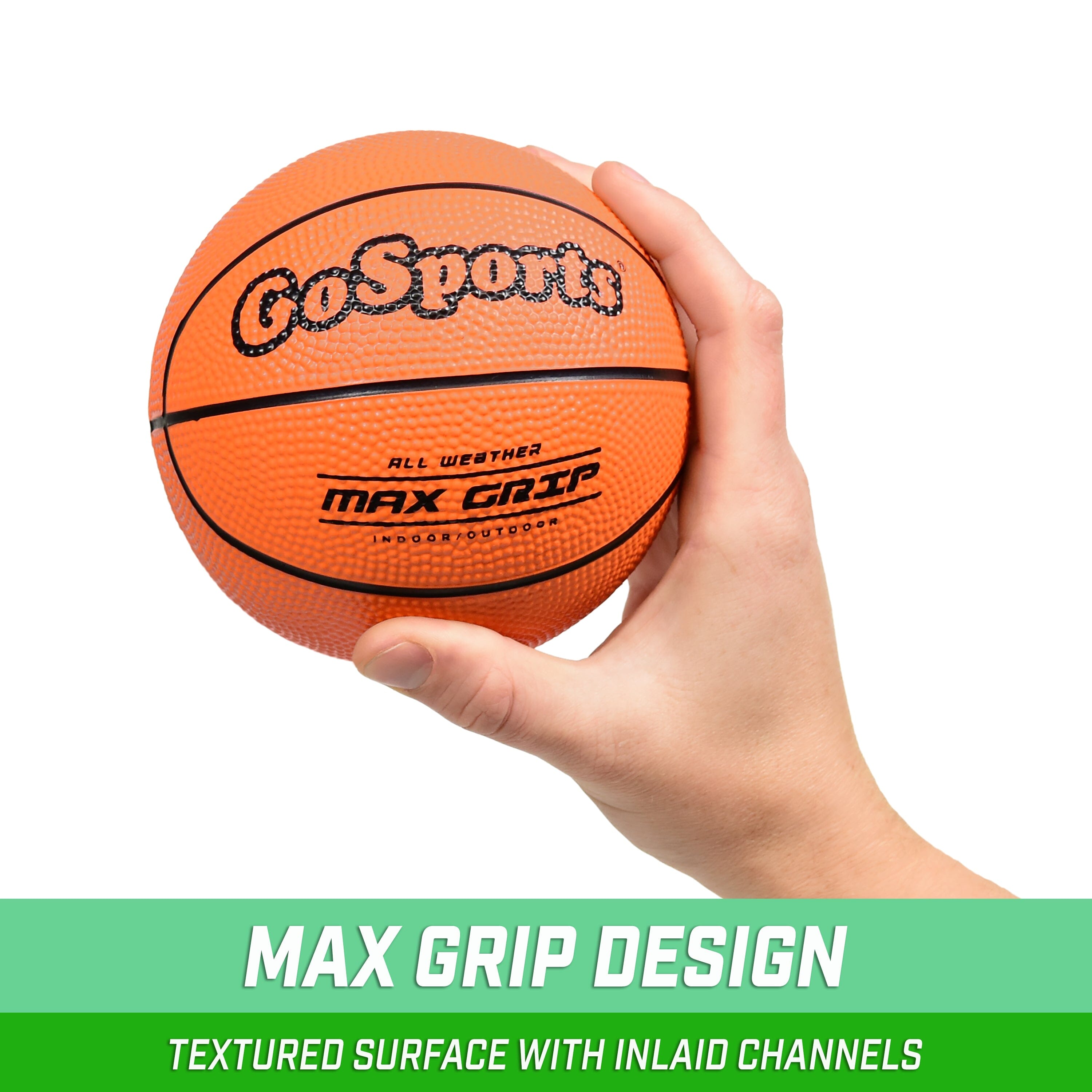 a hand holding a basketball ball with the text max grip