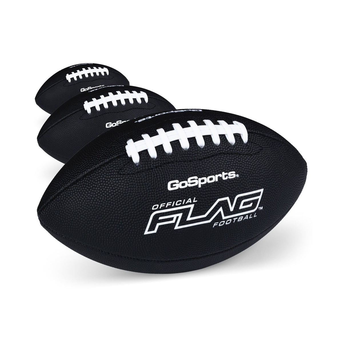 GoSports flag football 3-pack, three black pee wee size 6 balls with white laces lined up on white
