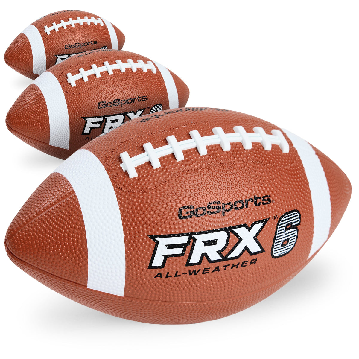 GoSports FRX 6 pee wee football 3-pk, 3 brown all-weather rubber footballs with white laces