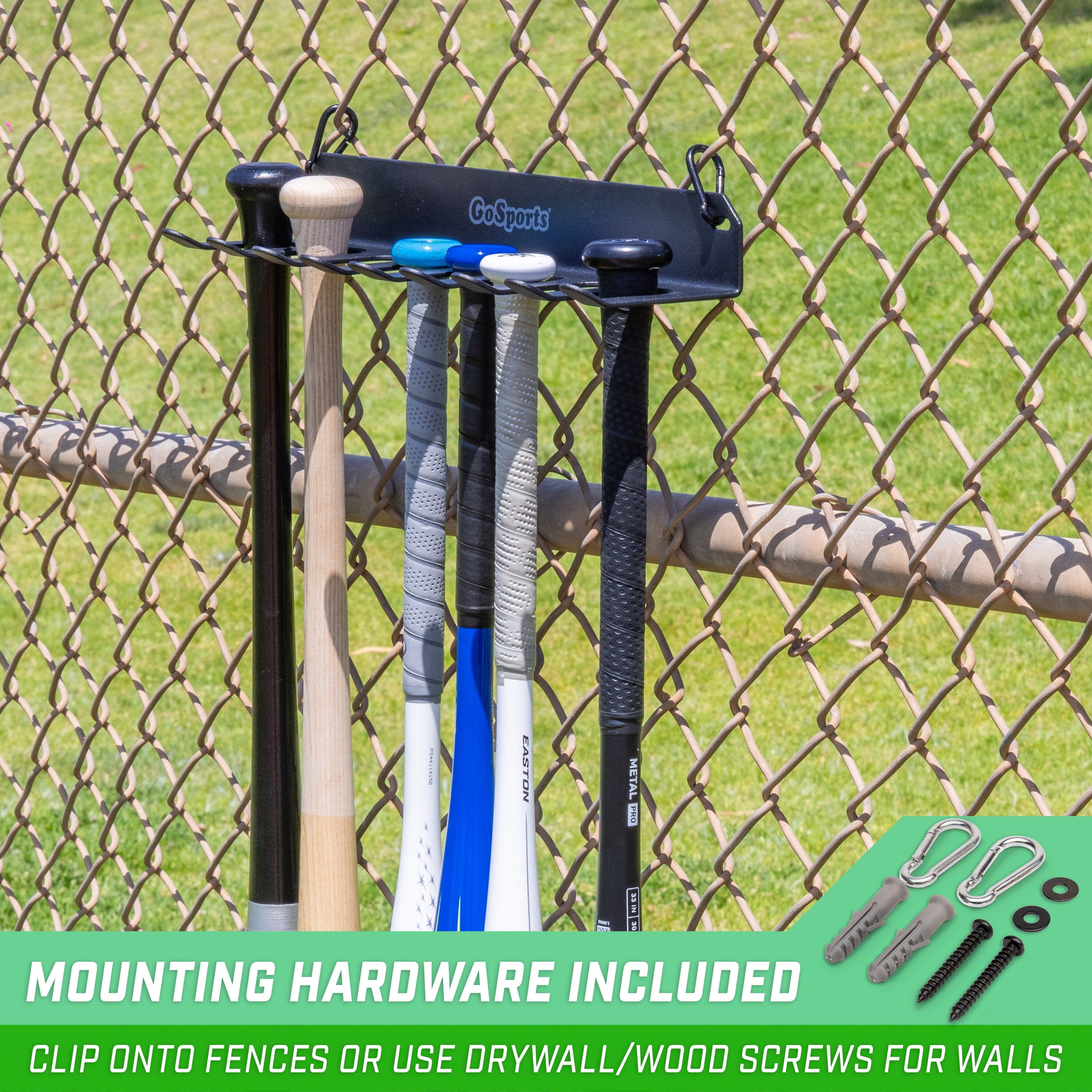 GoSports Baseball & Softball Bat Rack - Holds 16 Bats - Mount on Wall or Clip on Dugout Fence - Black Baseball GoSports