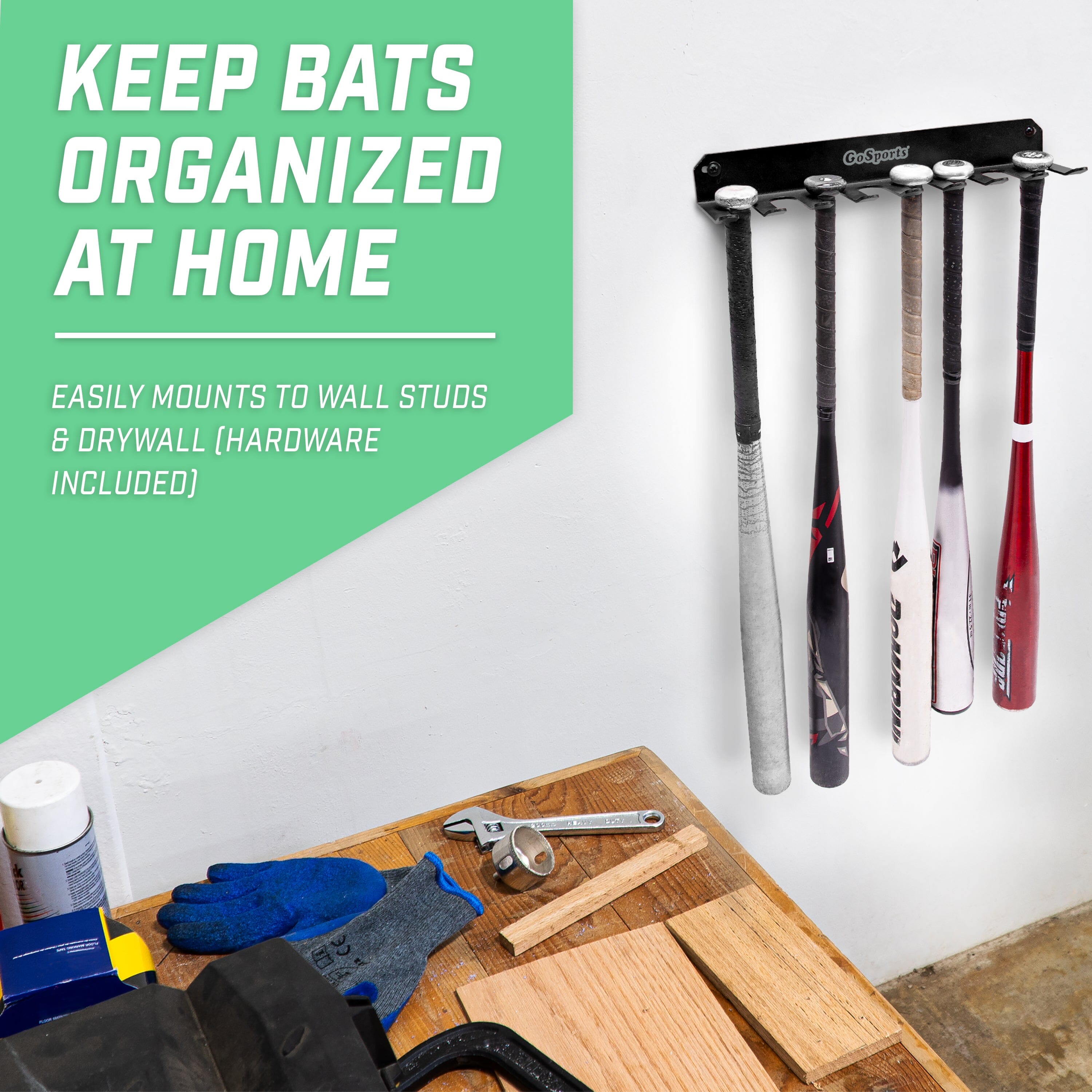 GoSports Baseball & Softball Bat Rack - Holds 16 Bats - Mount on Wall or Clip on Dugout Fence - Black Baseball GoSports
