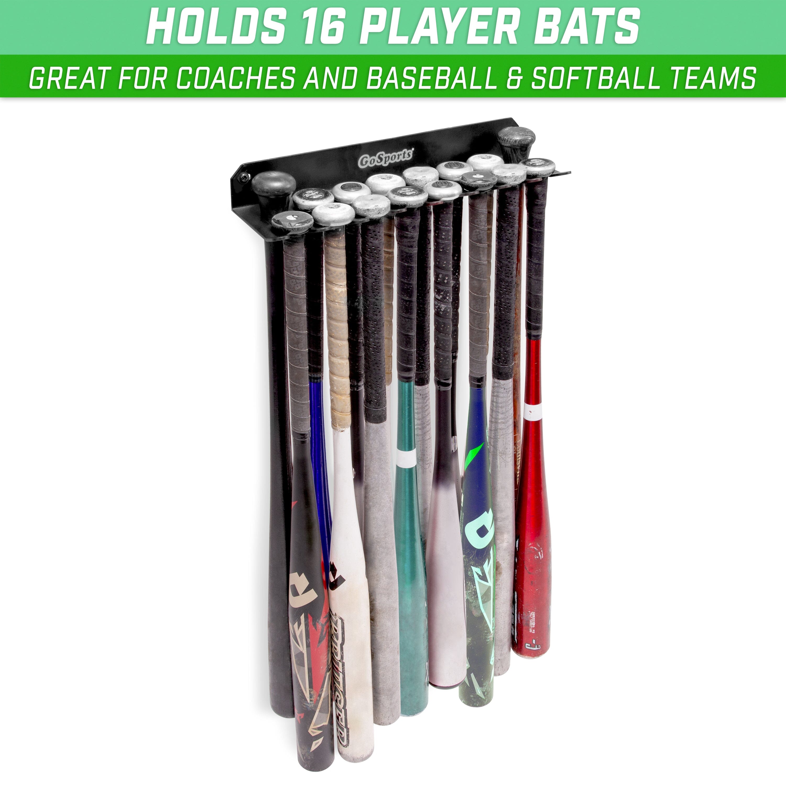 GoSports Baseball & Softball Bat Rack - Holds 16 Bats - Mount on Wall or Clip on Dugout Fence - Black Baseball GoSports