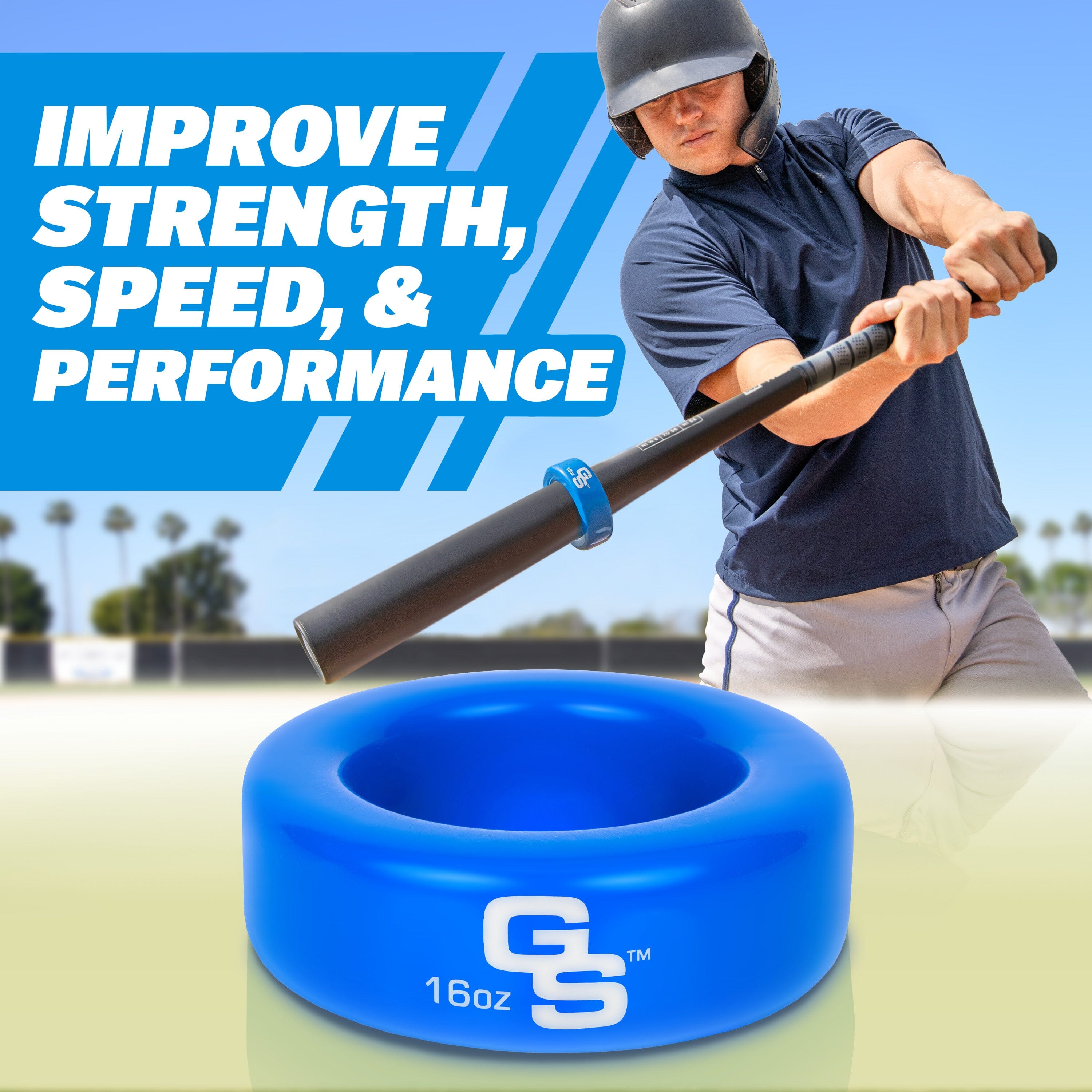 Person holding a baseball bat with a blue training device, against a clear sky. Improve strength, speed and performance