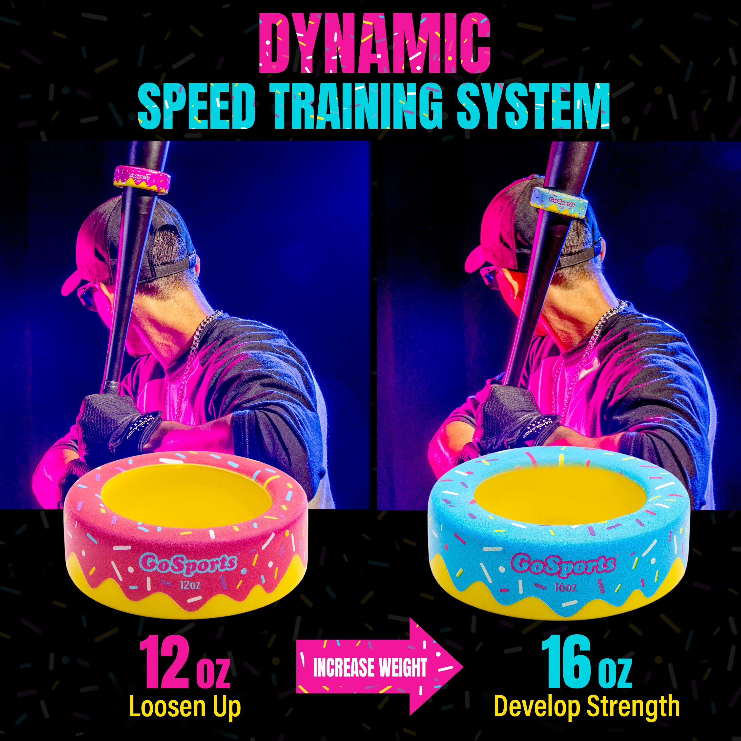 GoSports Baseball and Softball Bat Donuts - 2 Pack Baseball Drip Bat Weights - 16 oz & 12 oz PlayGoSports.com