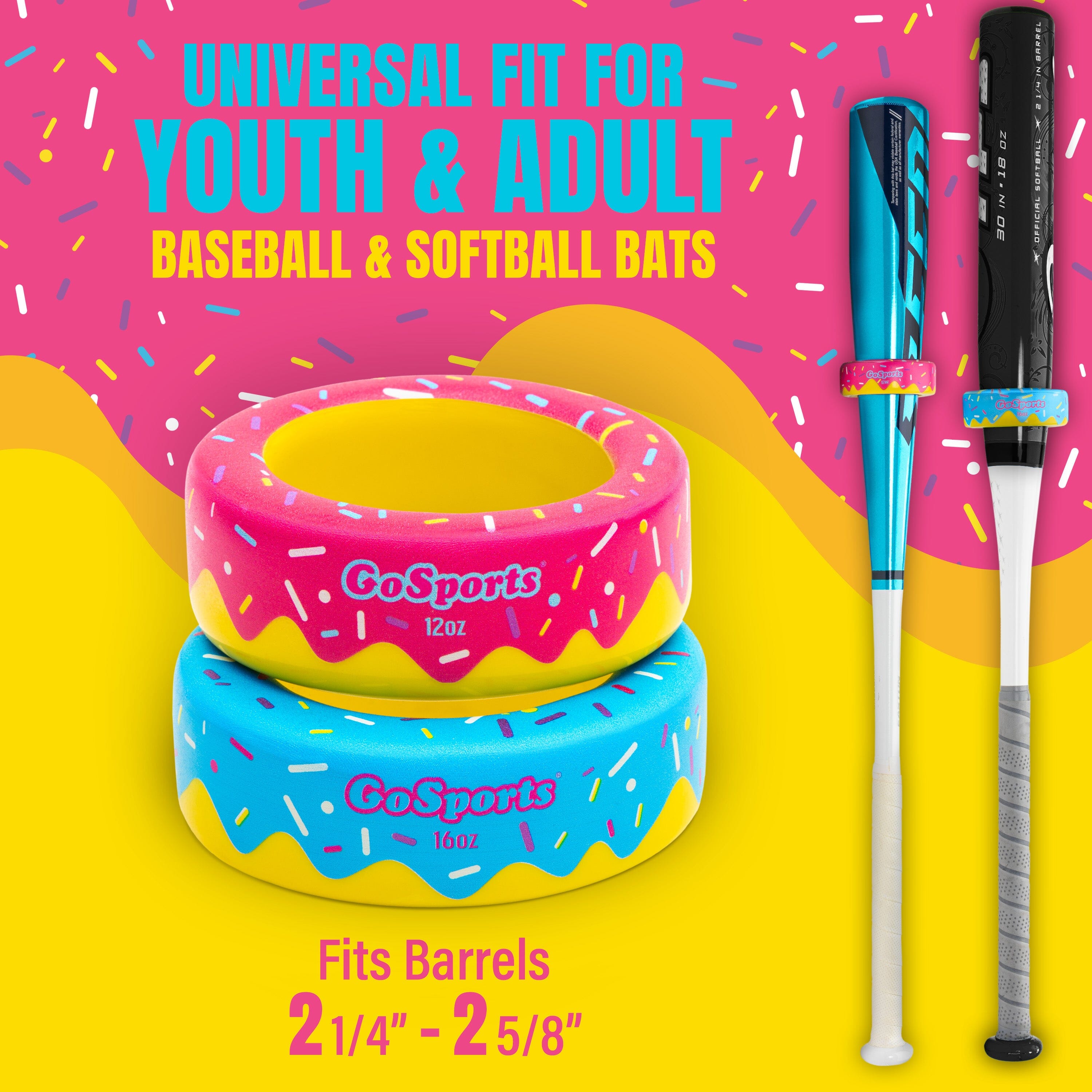 GoSports Baseball and Softball Bat Donuts - 2 Pack Baseball Drip Bat Weights - 16 oz & 12 oz PlayGoSports.com
