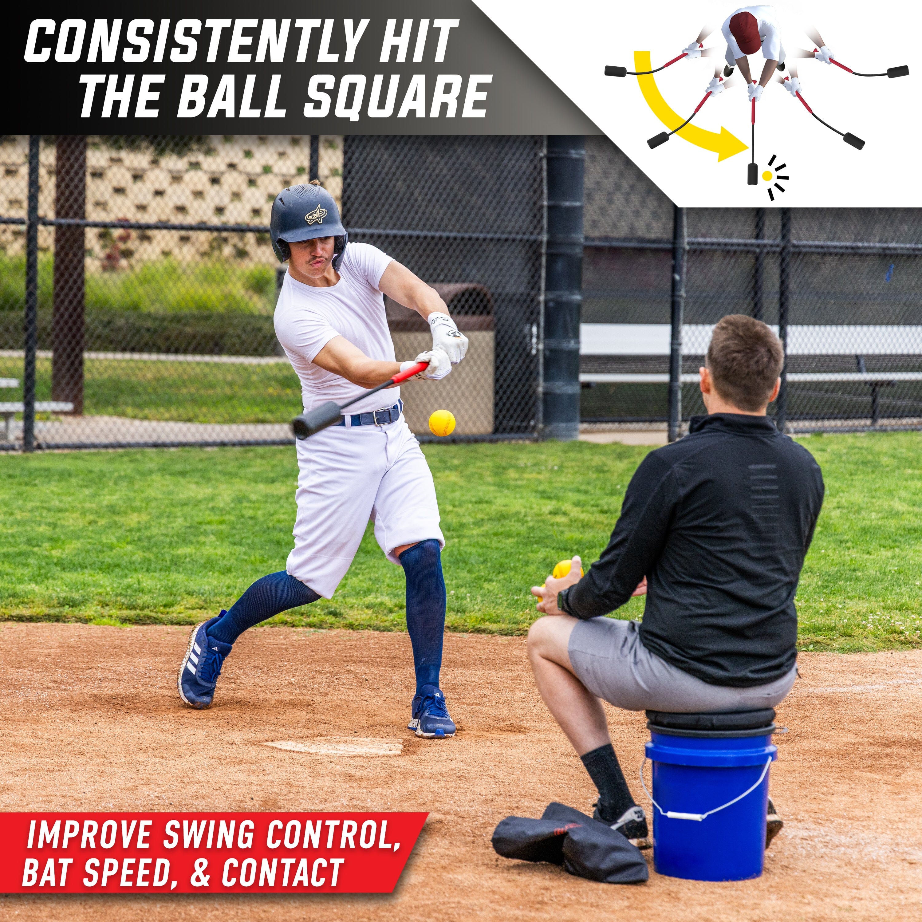 GoSports Baseball & Softball Rope Swing Trainer - Batting Practice Equipment - Includes FLO BAT with 12 Foam Baseballs & Tote Bag GoSports