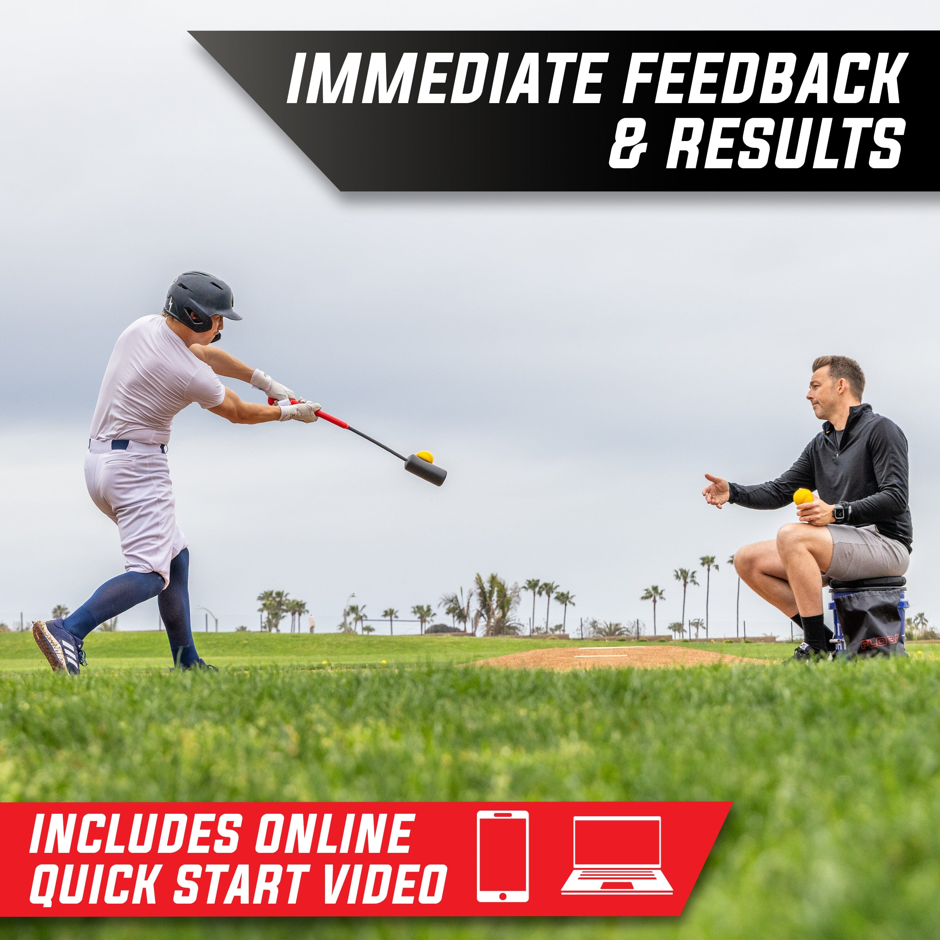 GoSports Baseball & Softball Rope Swing Trainer - Batting Practice Equipment - Includes FLO BAT with 12 Foam Baseballs & Tote Bag GoSports