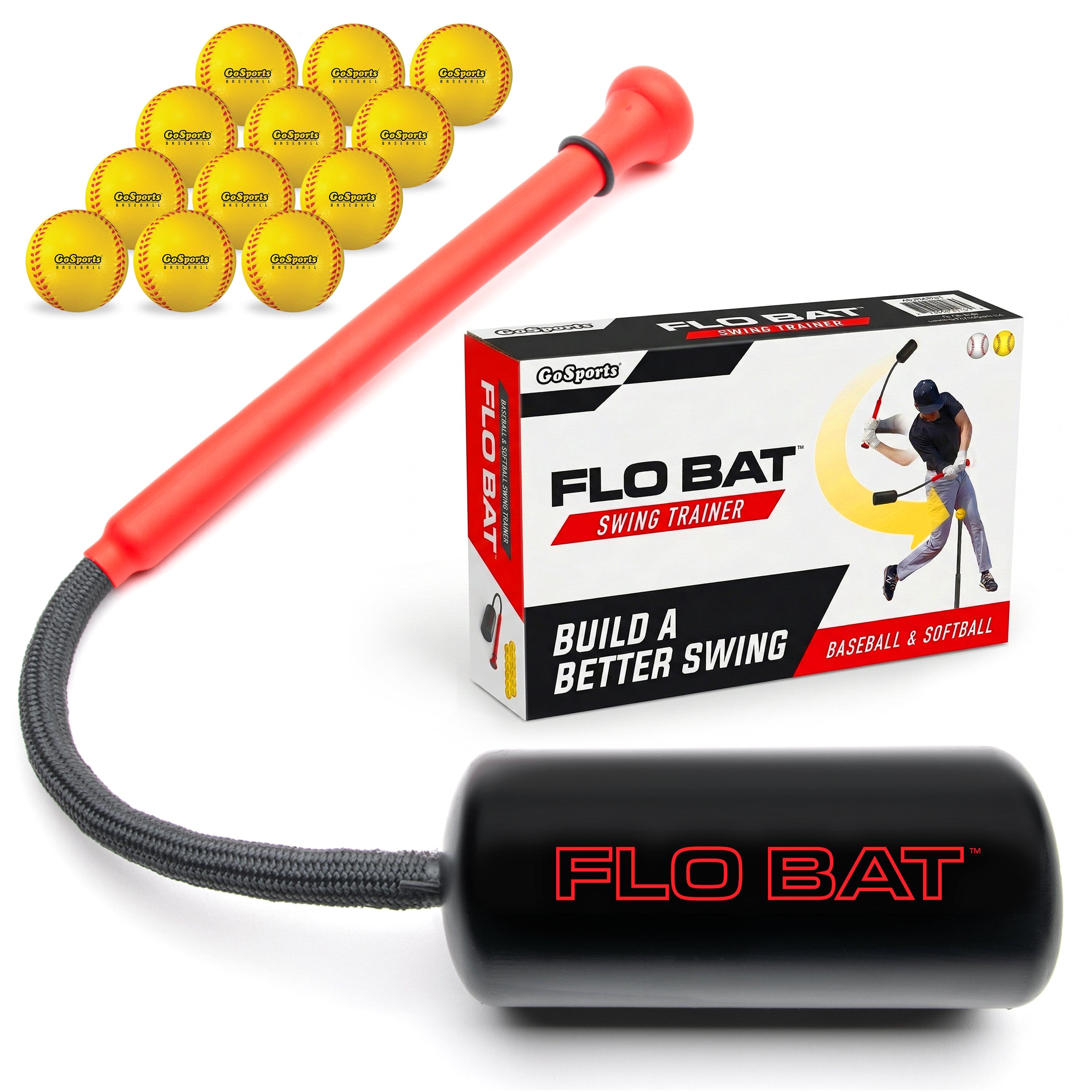 GoSports Baseball & Softball Rope Swing Trainer - Batting Practice Equipment - Includes FLO BAT with 12 Foam Baseballs & Tote Bag GoSports