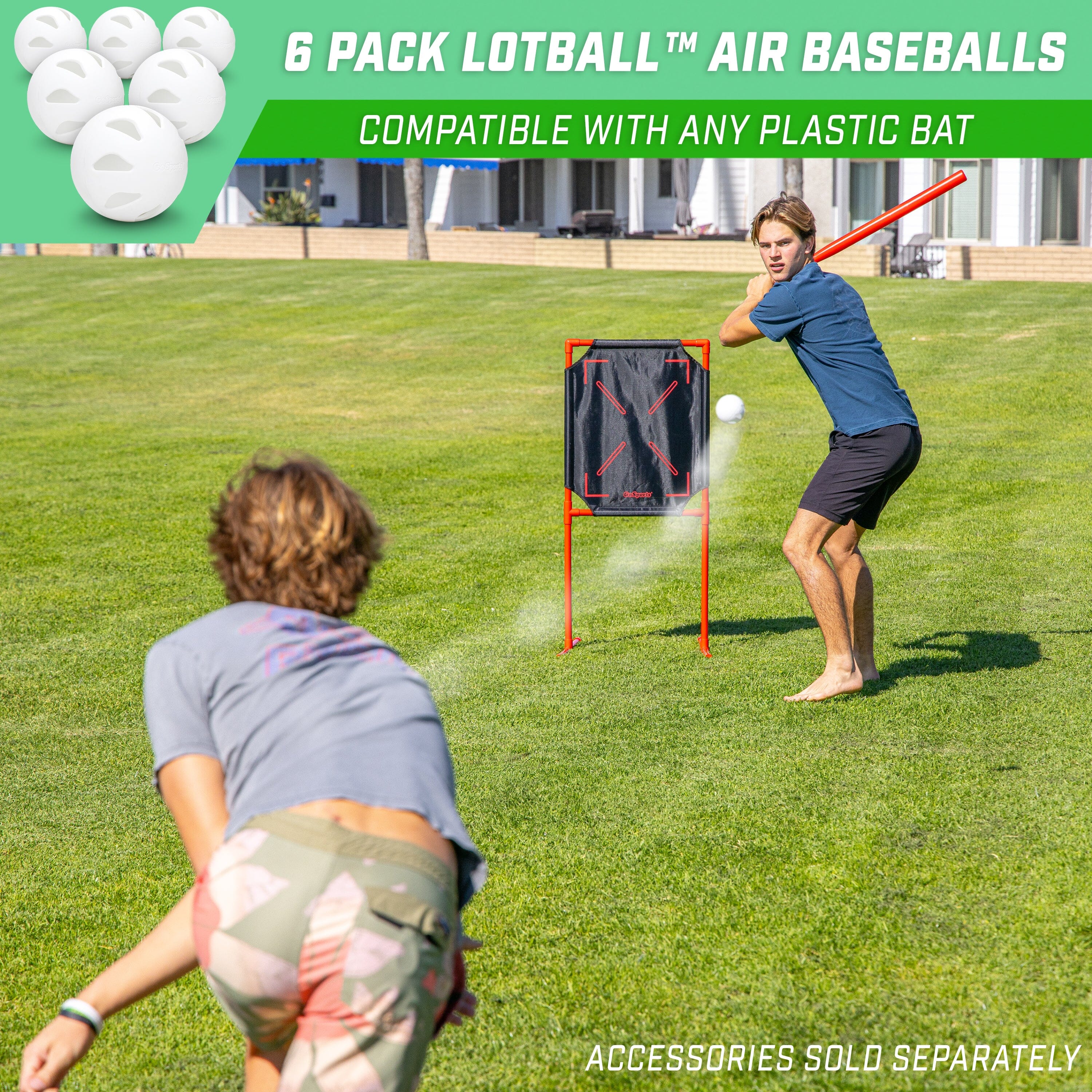 a man throwing a ball with a plastic bat