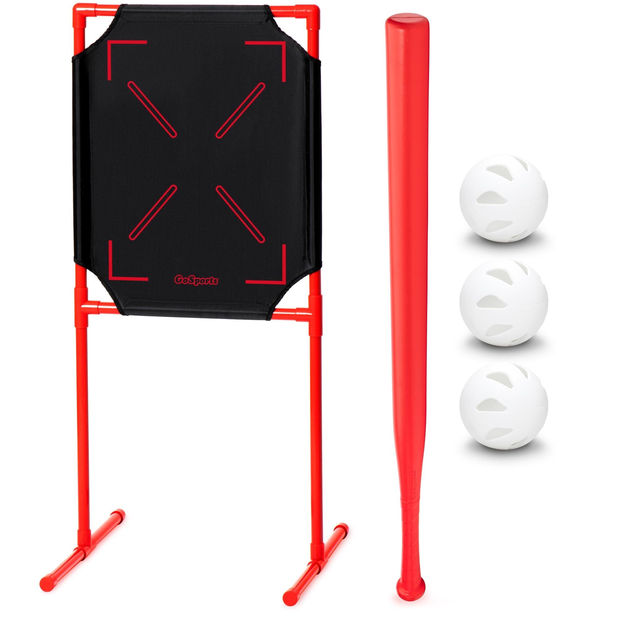 a red and black soccer goal with three balls