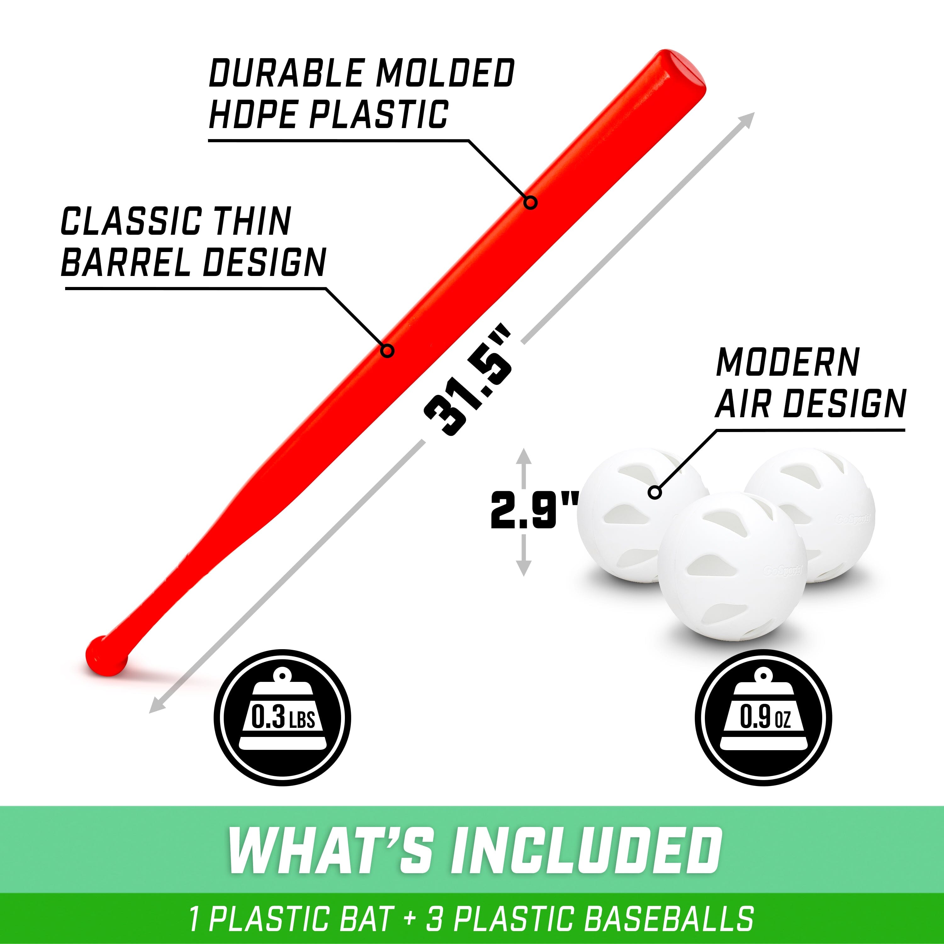 a white and red plastic baseball bat with the words what ' s included