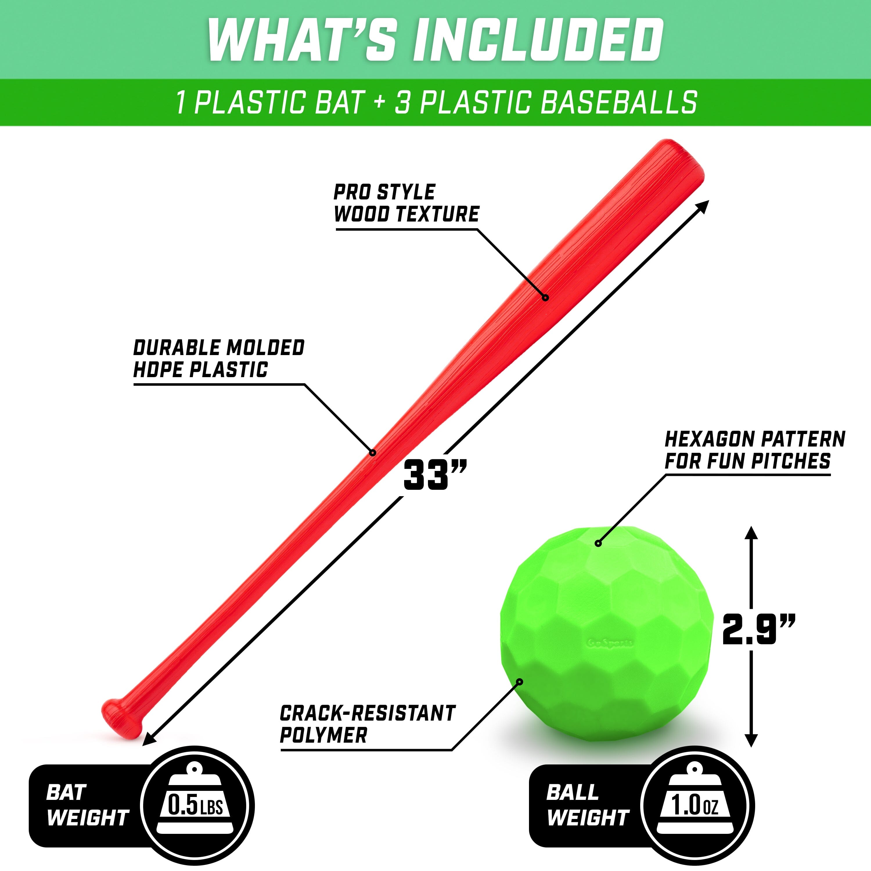 a green plastic baseball bat with the words what included
