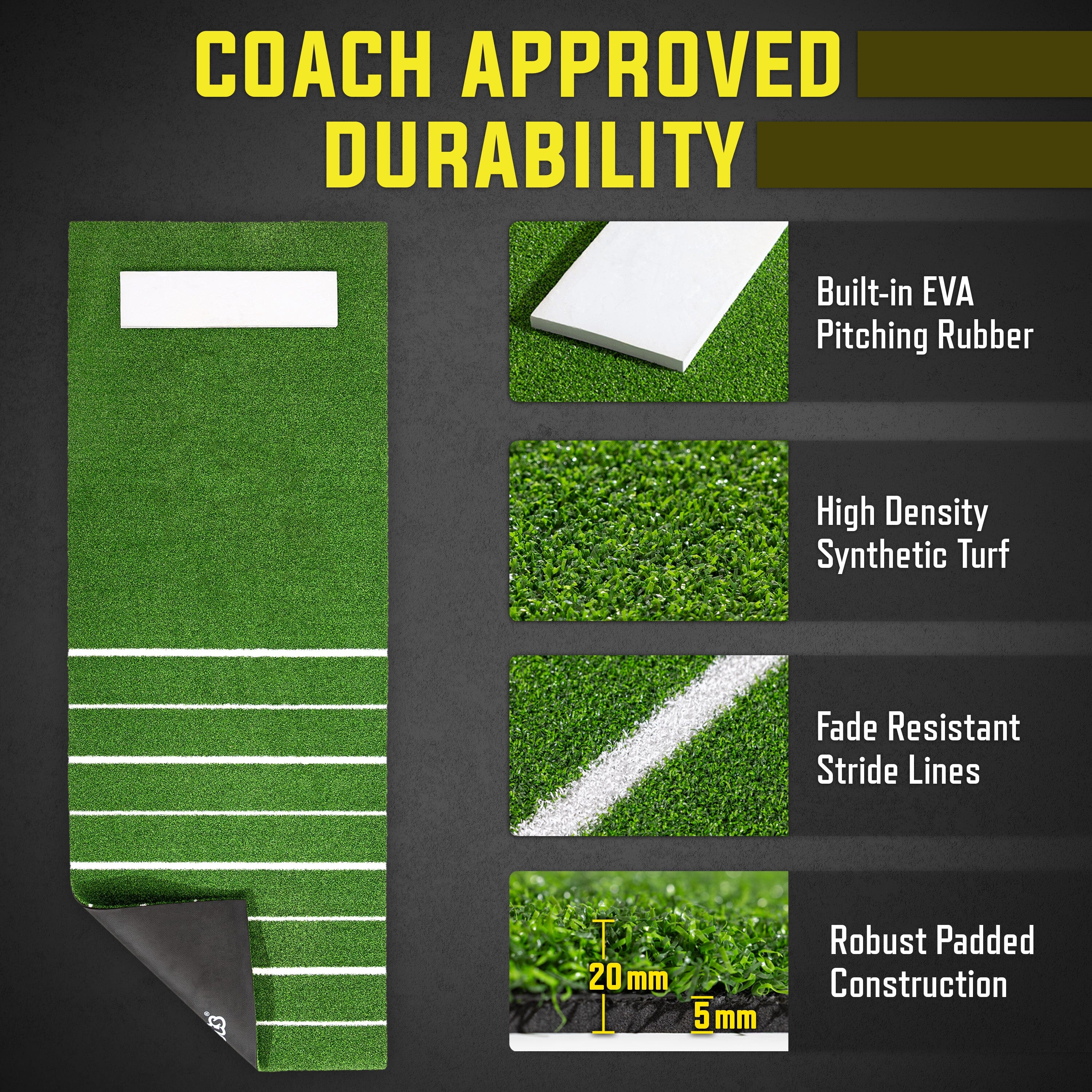 Green mat with features highlighted, including EVA pitching rubber and synthetic turf, on a dark background.