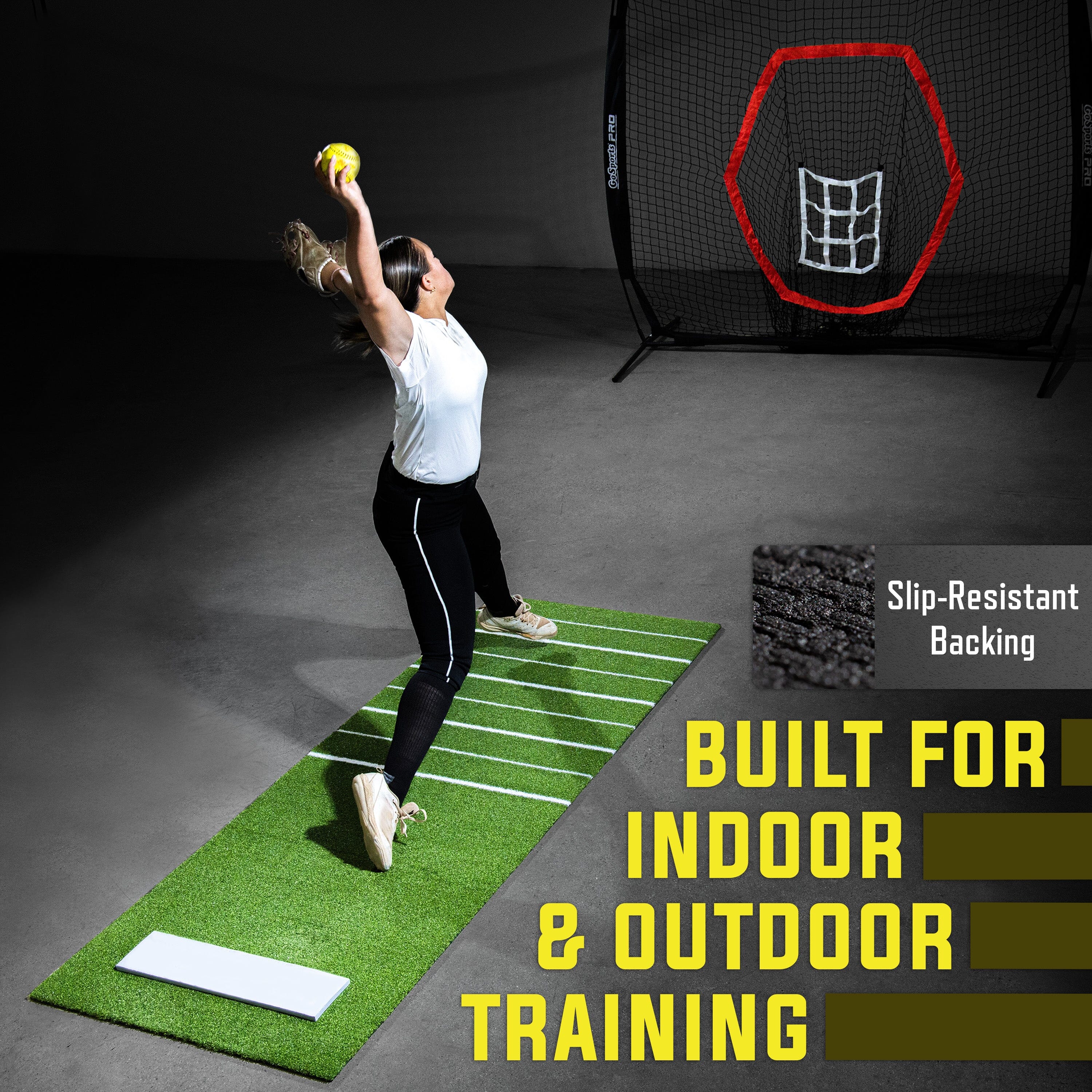 Person using a sports training mat with text highlighting indoor and outdoor use.