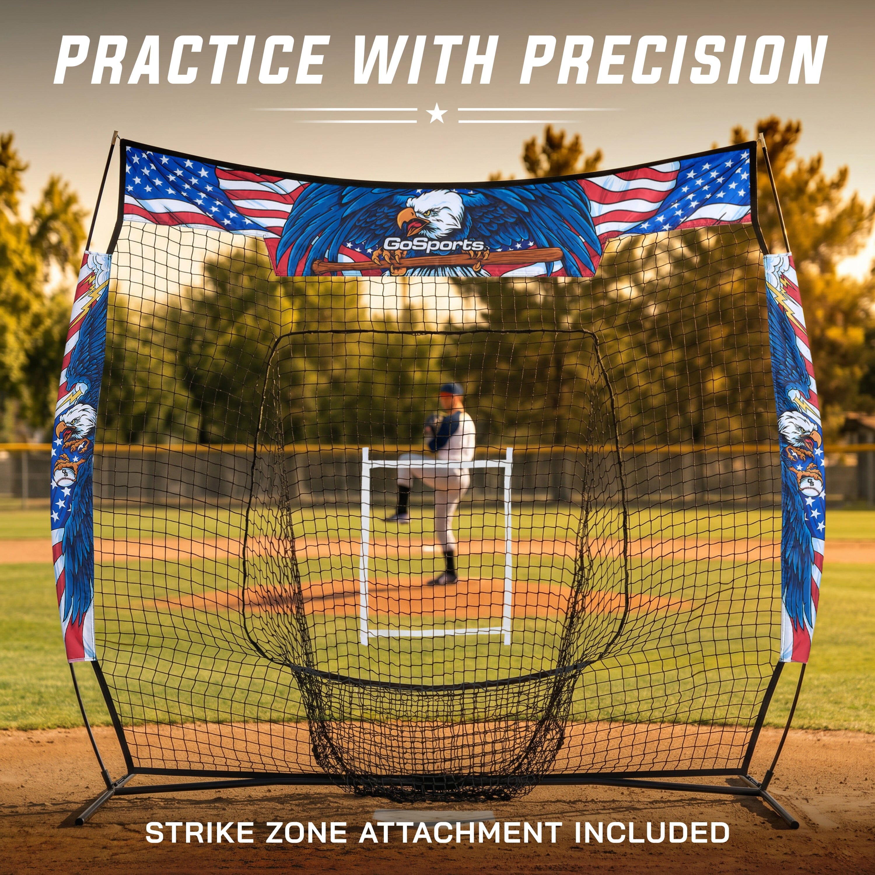 GoSports 7 x 7 ft America Drip Baseball & Softball Batting Net - Full Size Hitting & Pitching Net with Strike Zone and Carry Case PlayGoSports.com