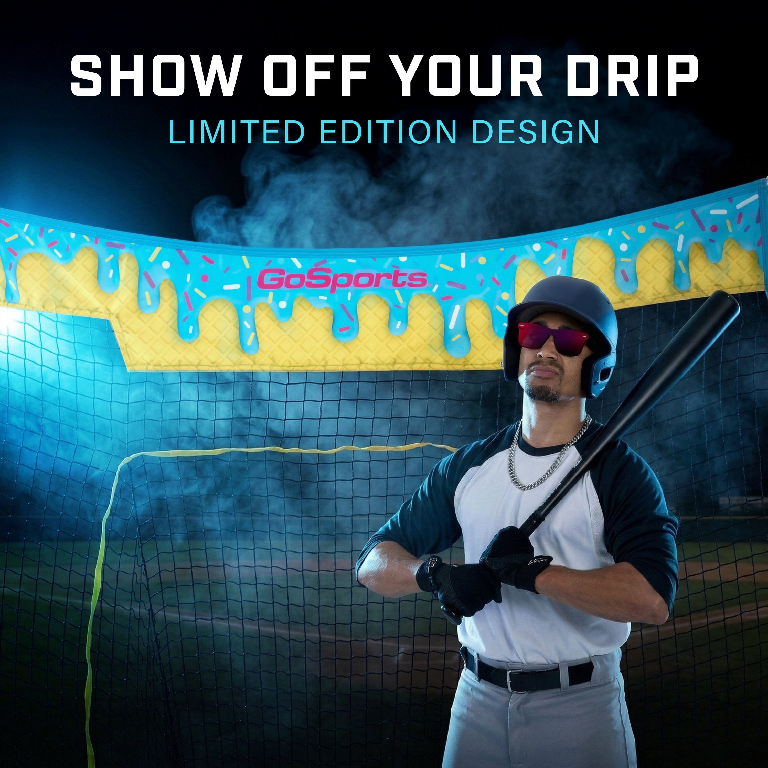GoSports 7 x 7 ft Ice Cream Drip Baseball & Softball Batting Net - Full Size Hitting & Pitching Practice Net with Strike Zone and Carry Case GoSports