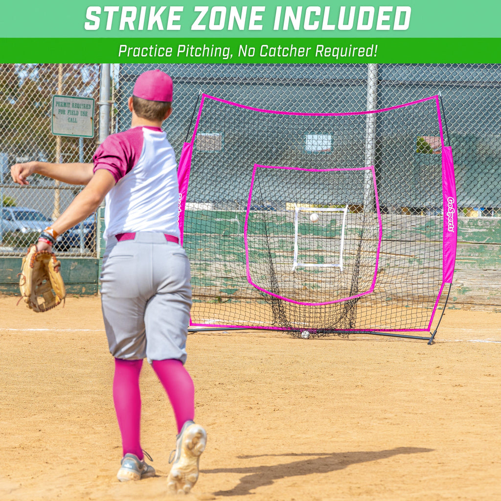 GoSports Team Tone 7 ft x 7 ft Baseball & Softball Practice Hitting & Pitching Net in Team Colors - Pink GoSports 