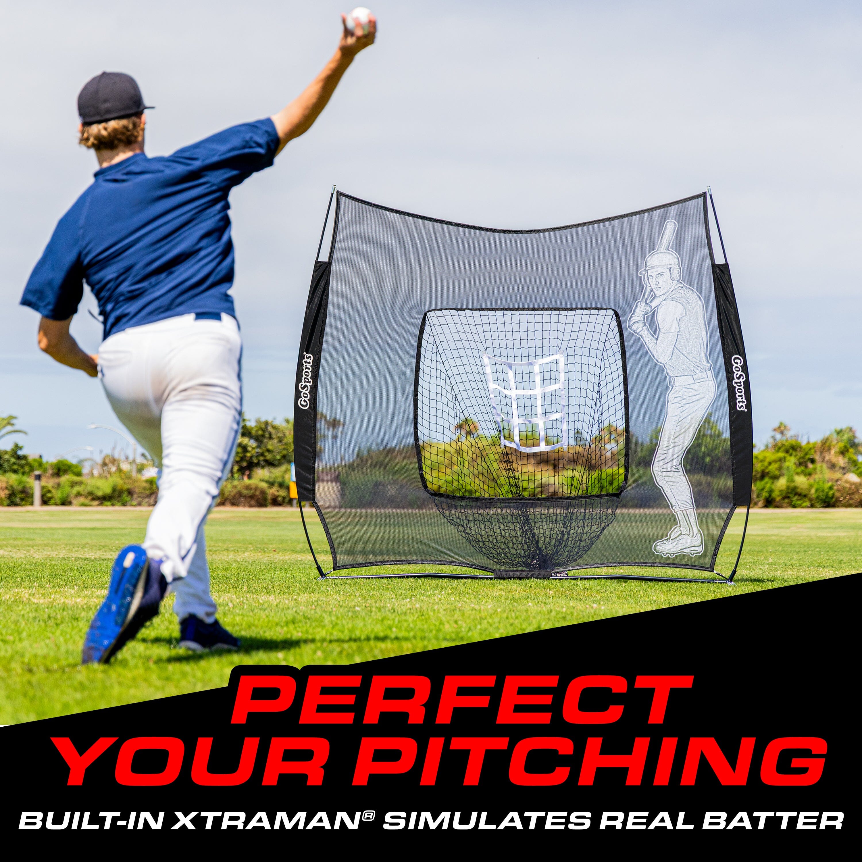 Man throwing ball towards baseball net with built in Xtraman that simulates real batter