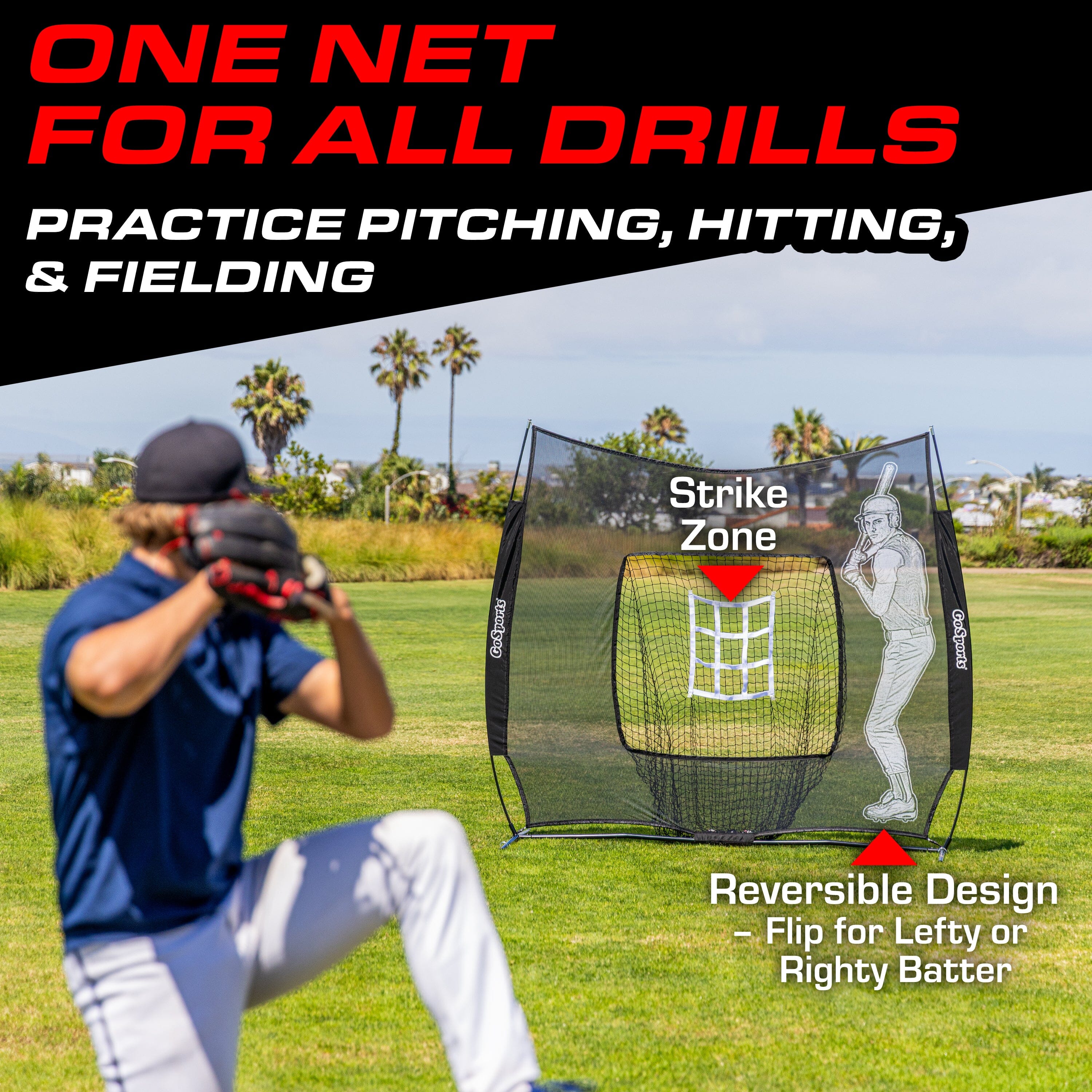 One Net for all drills. Practice pitching, hitting, and fielding. Strike zone in middle of baseball net. Reversible design for Xtraman for Left or Righty Batter.