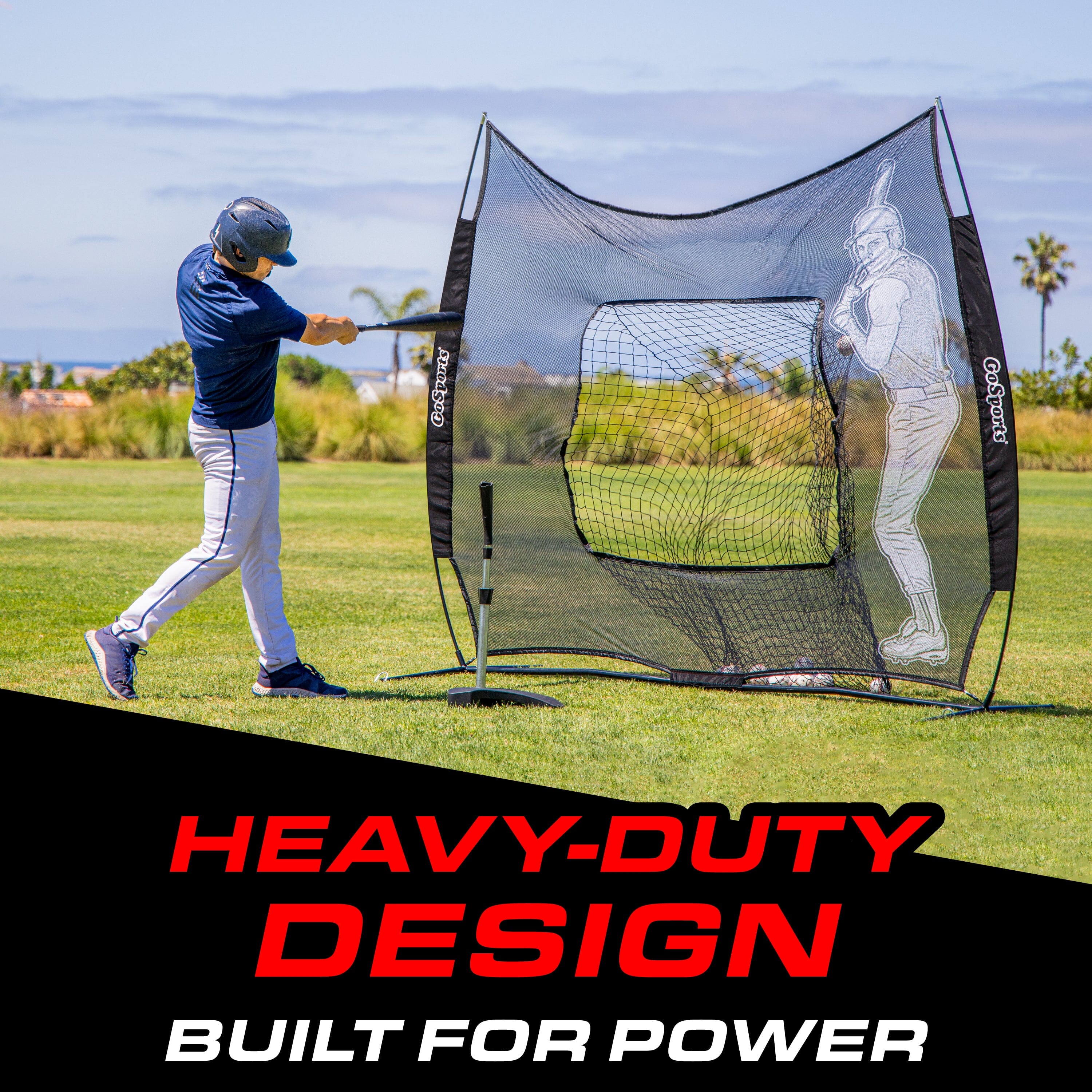 Man swinging bat hitting ball towards xtraman built in baseball net black. Heavy Duty design built for power.
