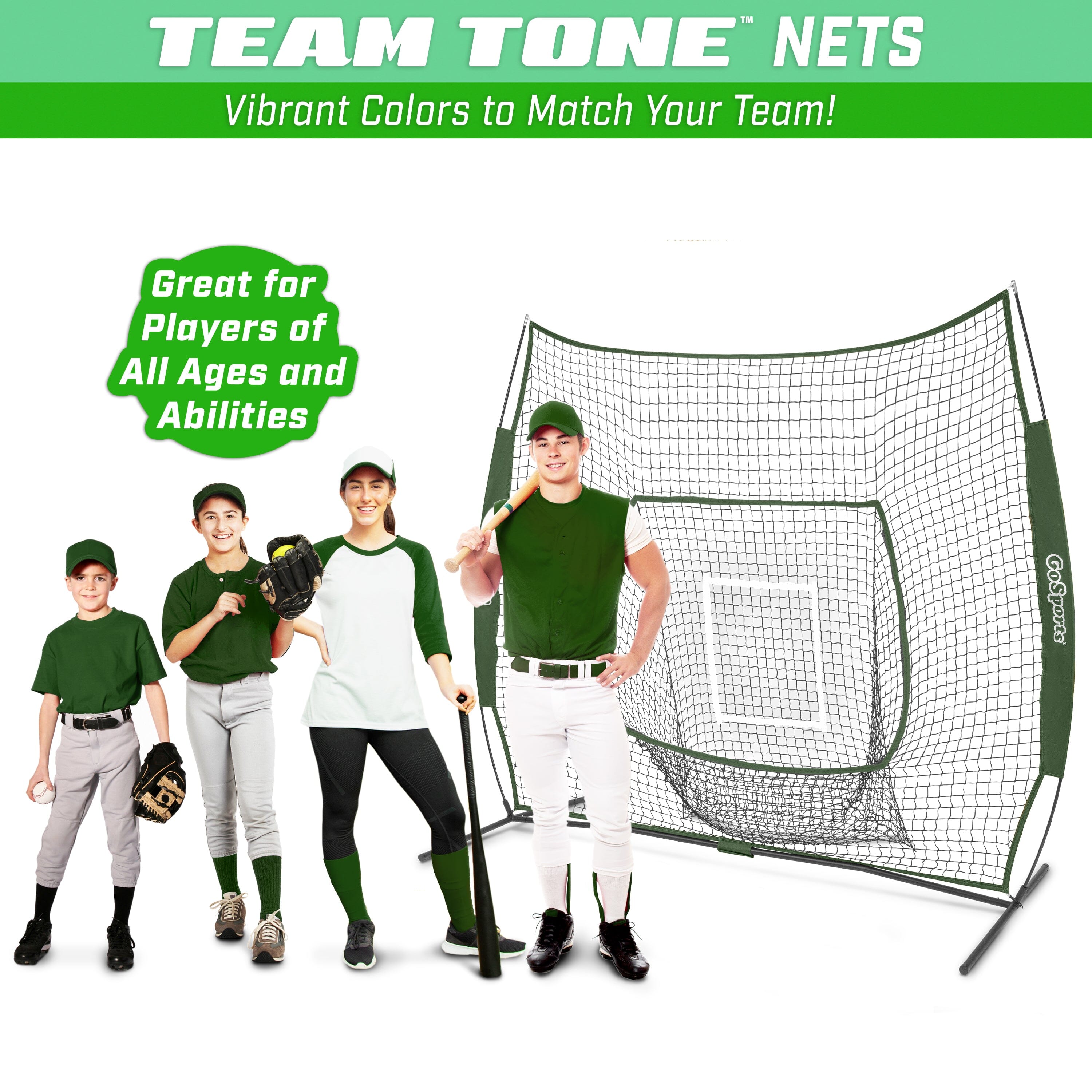 a group of people standing in front of a baseball net