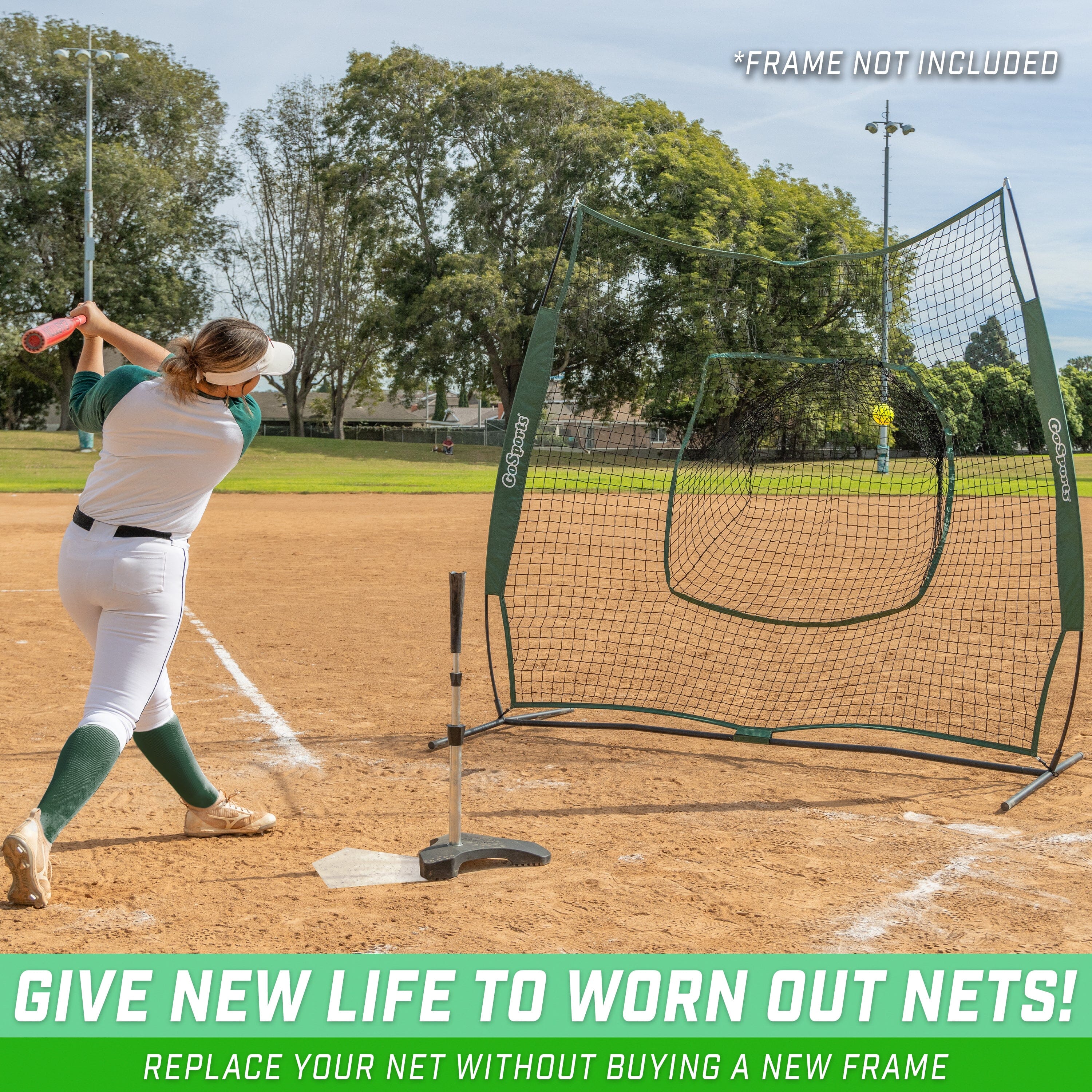 a woman swinging a baseball bat at a baseball field