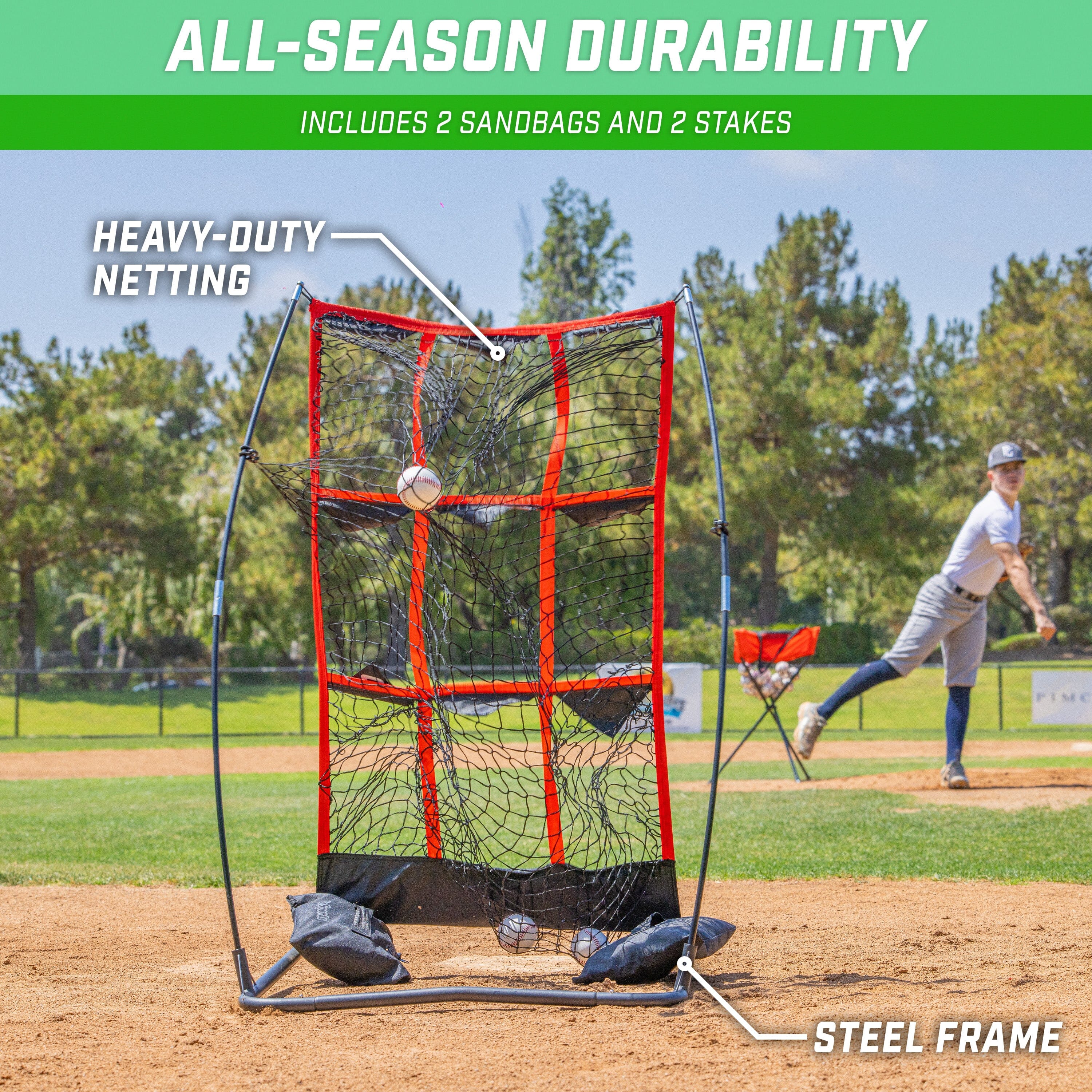 a baseball field with a pitcher throwing a ball into one of the 9 pockets