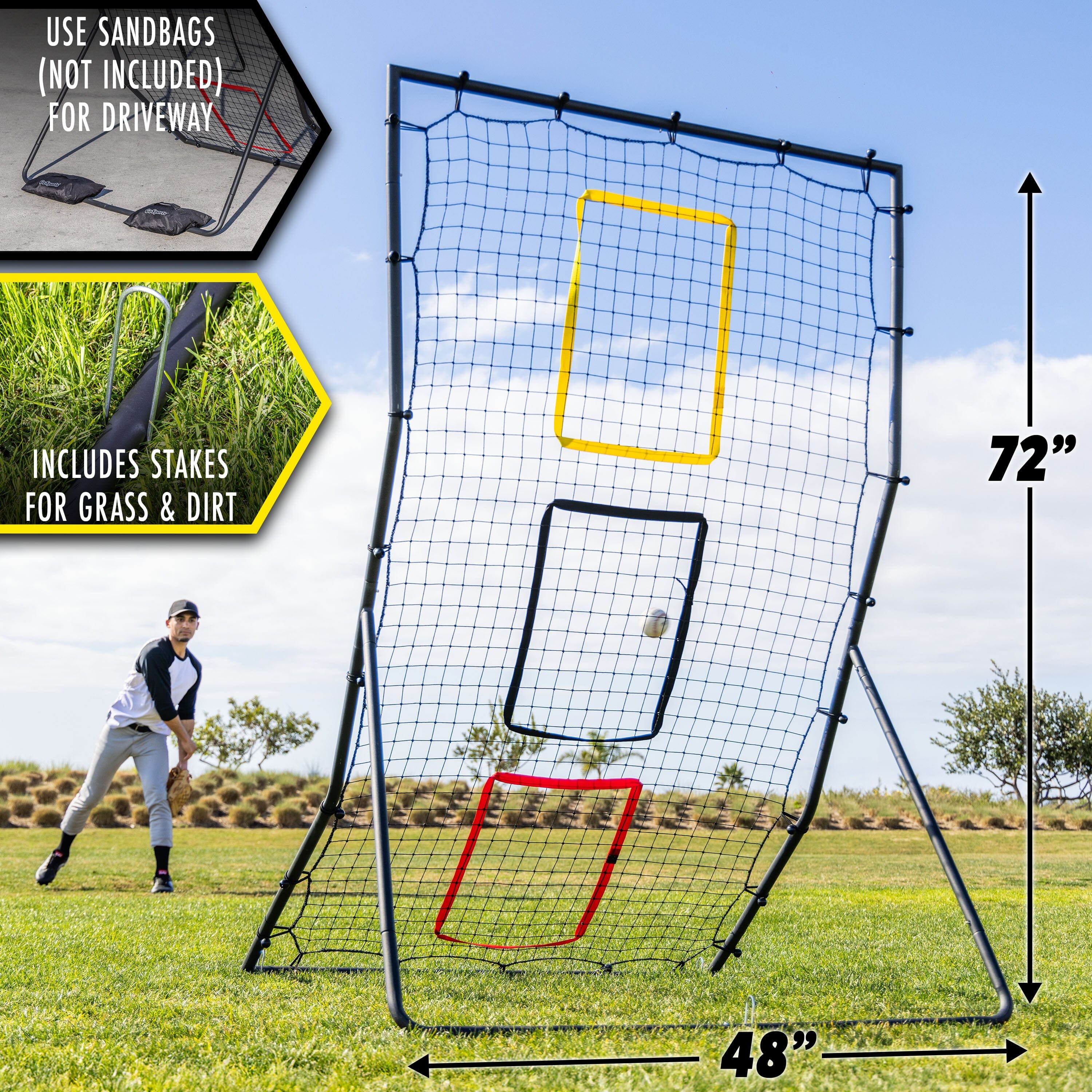 GoSports 6 x 4 ft Baseball & Softball Pitching and Fielding Rebounder - Pitch Back Net with 3 Target Zones GoSports