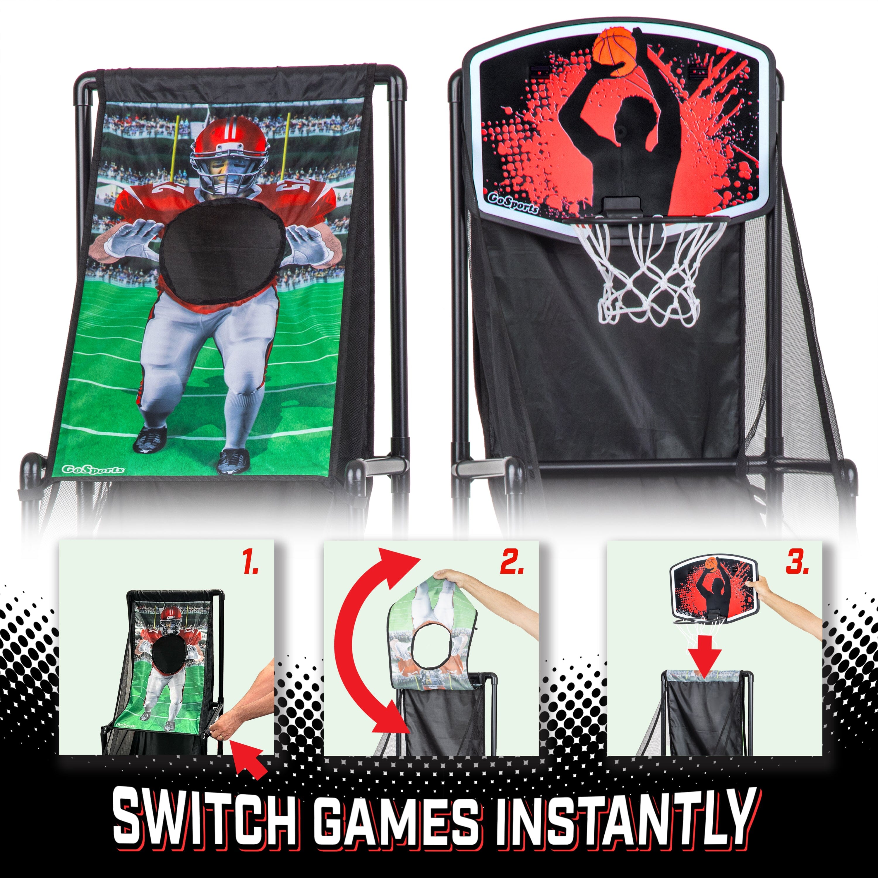 GoSports 2 in 1 Basketball & Football Toss Arcade Game - Indoor & Outdoor Toy Hoop for Kids Ages 3-8 GoSports