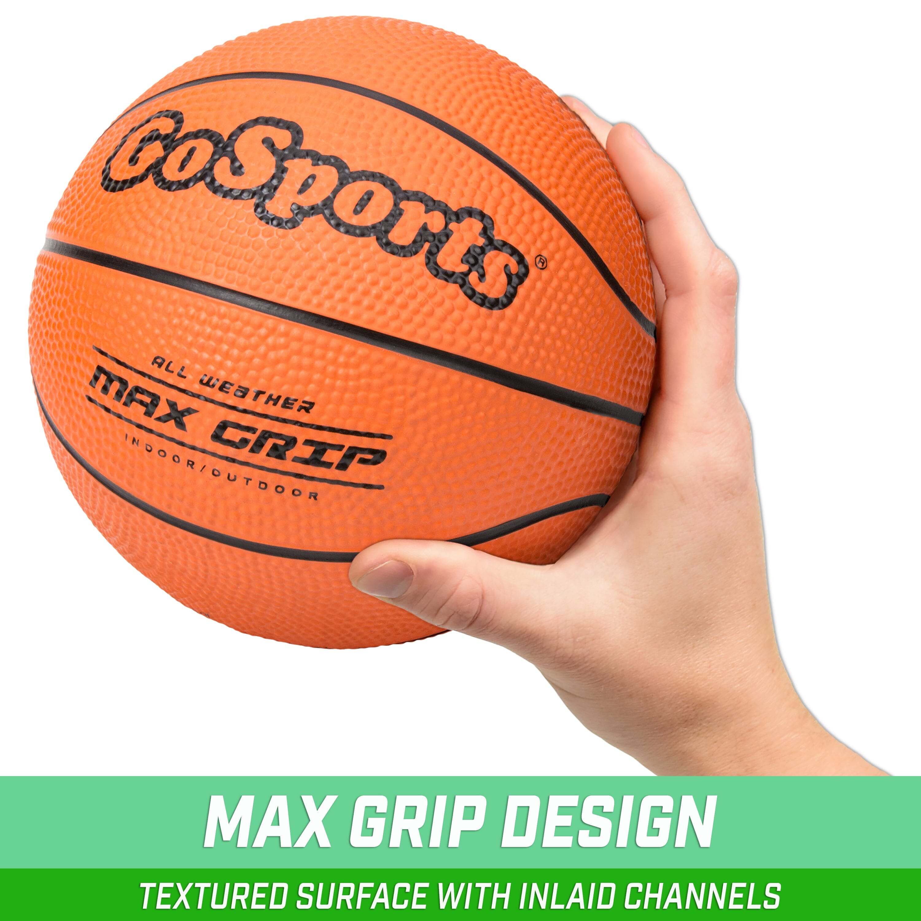 a hand holding a basketball ball with the text max grip