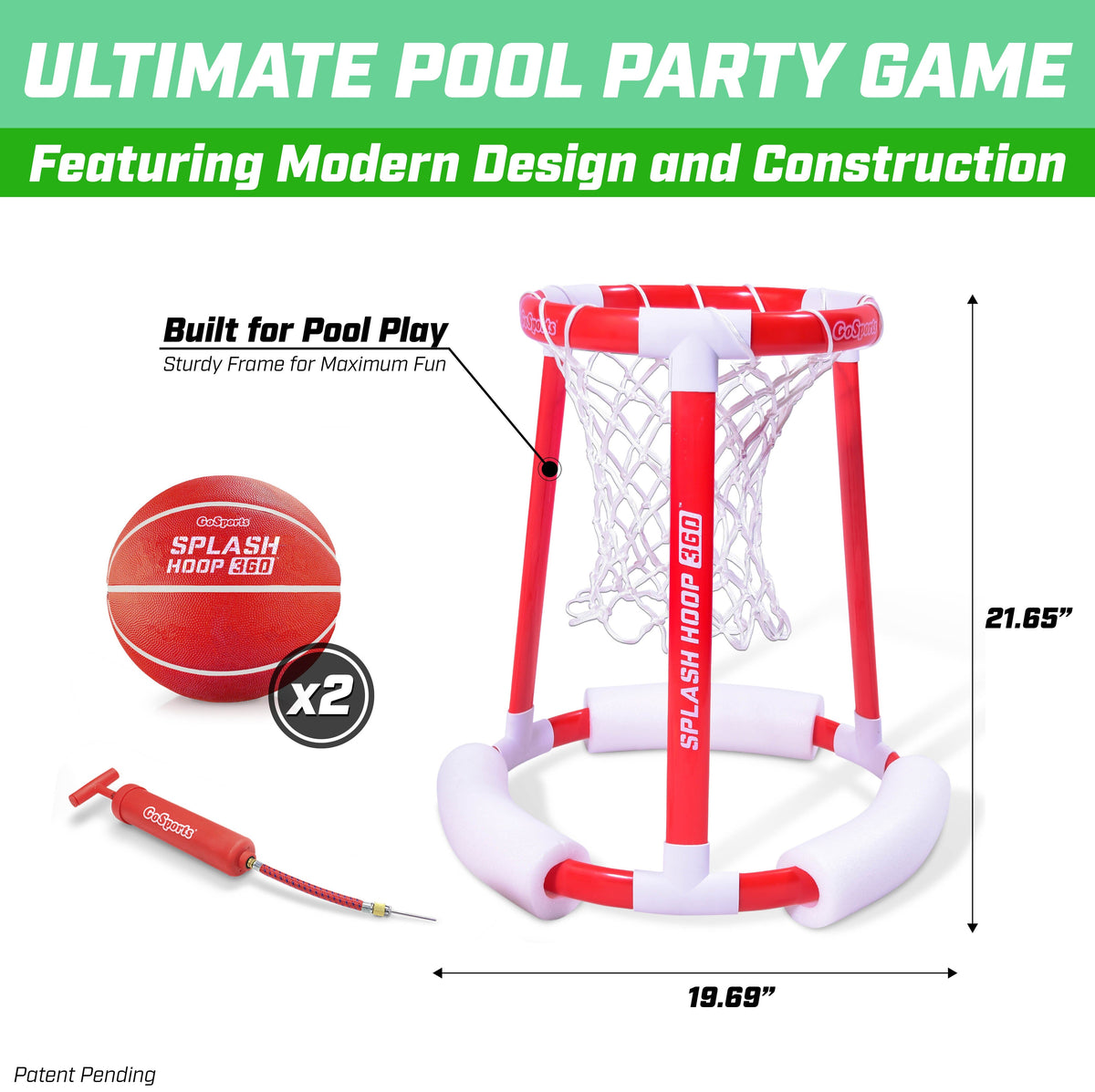 Red & white GoSports Splash Hoop 360 pool basketball hoop, 19.69x21.65 inch, with 2 red balls & a pump