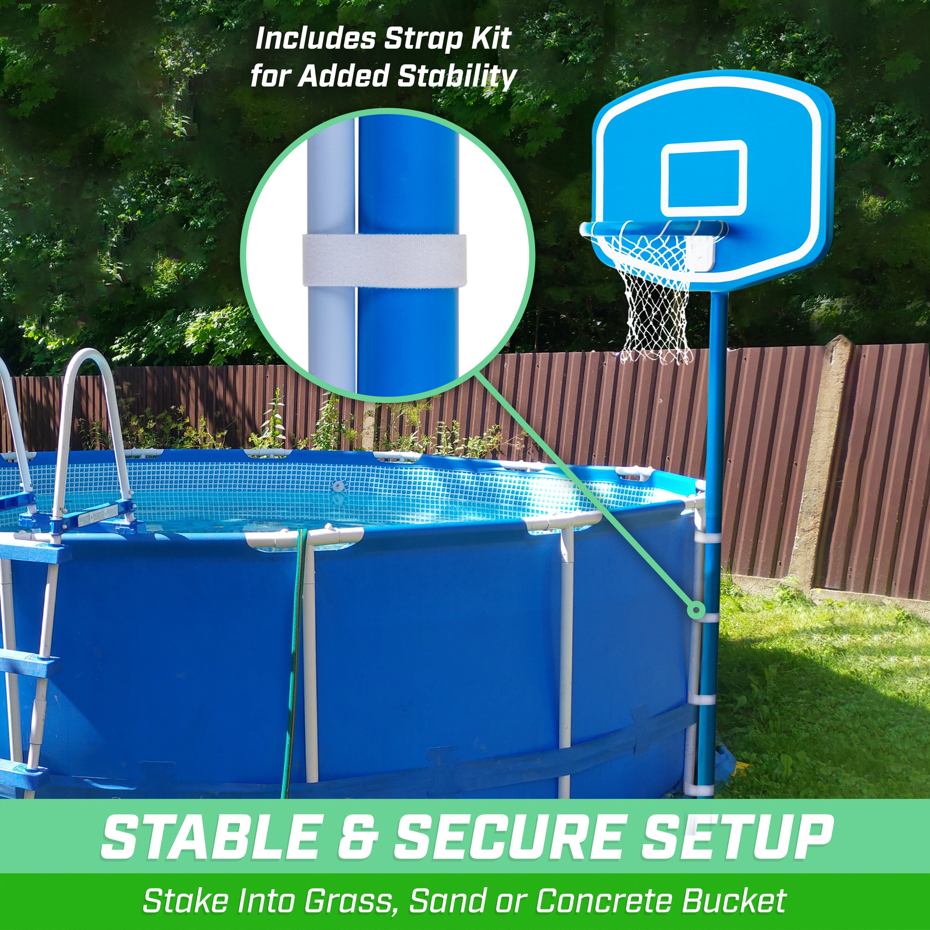 a pool with a basketball hoop and a basketball hoop