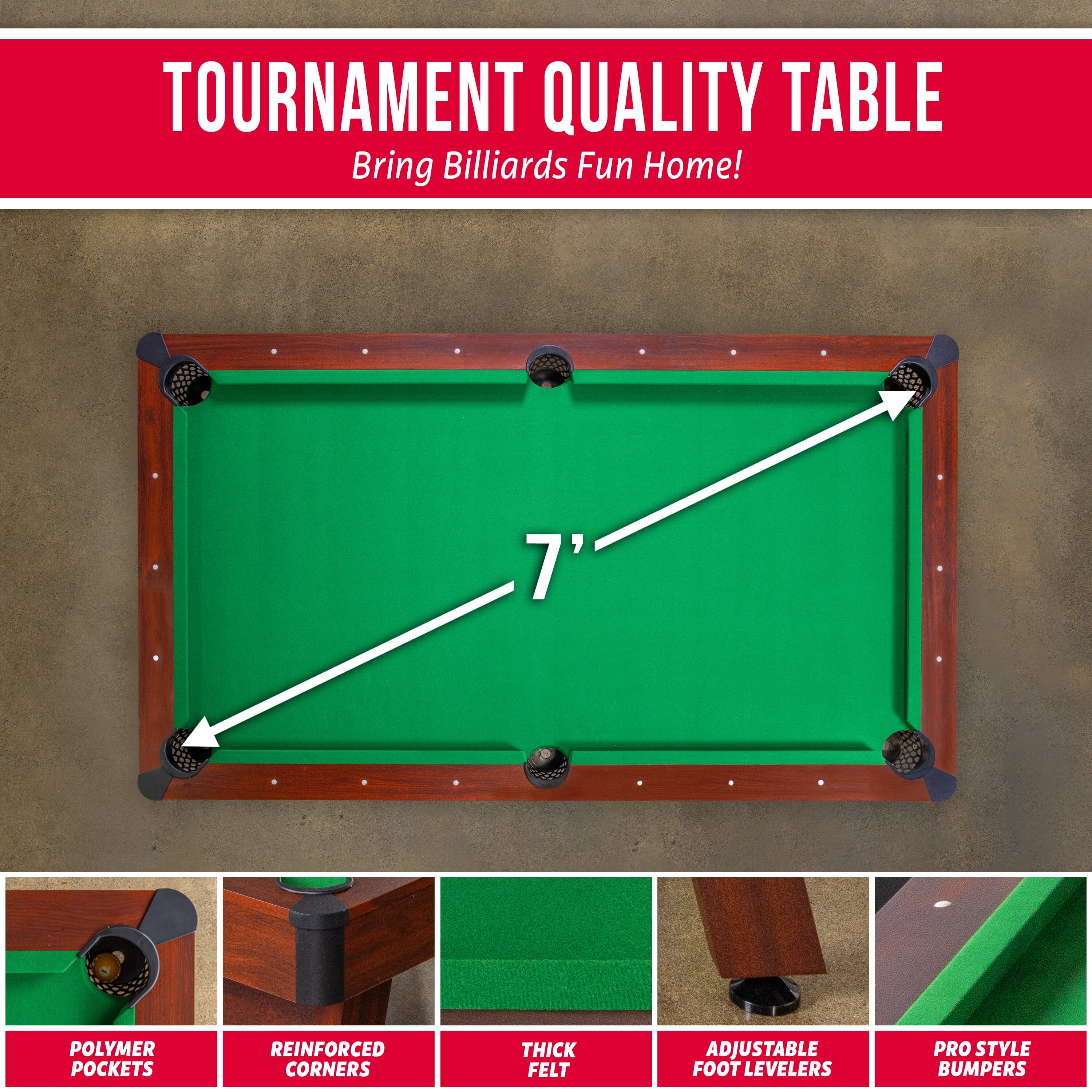 GoSports 7 ft Pool Table with Brown Wood Finish - Billiards Game Room Table for Adults & Family - Accessories Not Included - Green GoSports