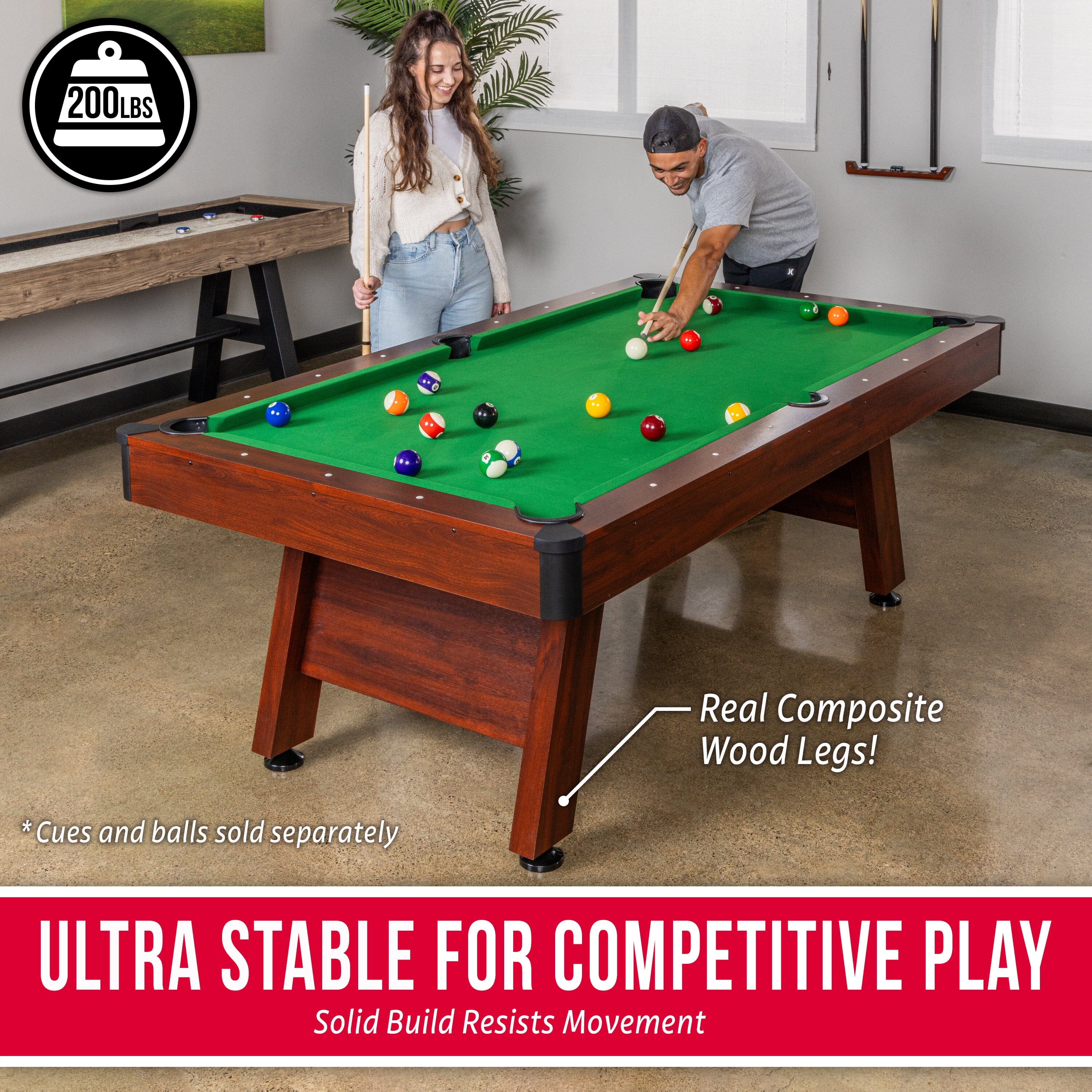 GoSports 7 ft Pool Table with Brown Wood Finish - Billiards Game Room Table for Adults & Family - Accessories Not Included - Green GoSports