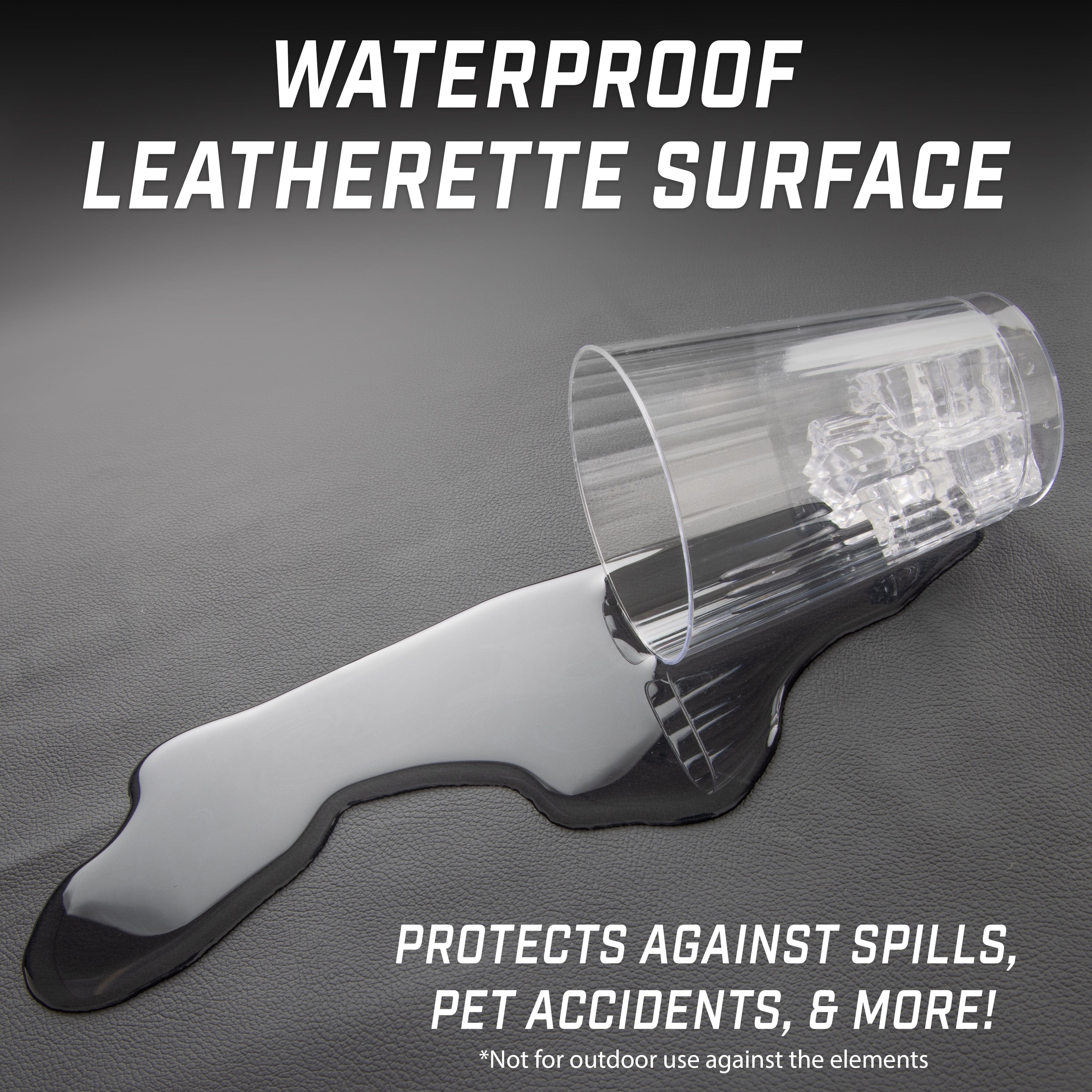 tipped over cup with water on the leather cover showing it is waterproof