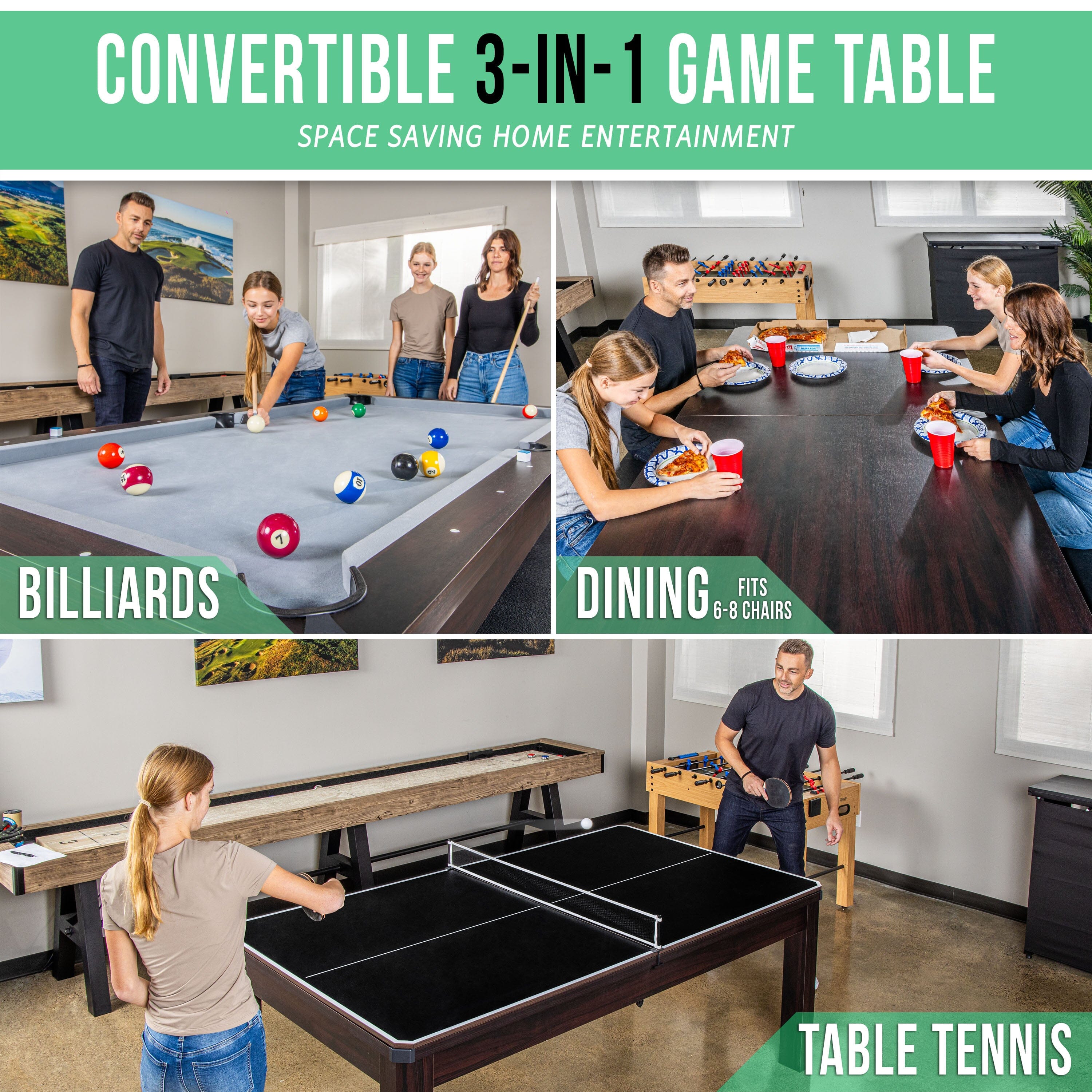 GoSports 7 ft 3 in 1 Pool, Dining, & Table Tennis Combo Table - Convertible Top Game Table with Billiards and Table Tennis Accessories GoSports