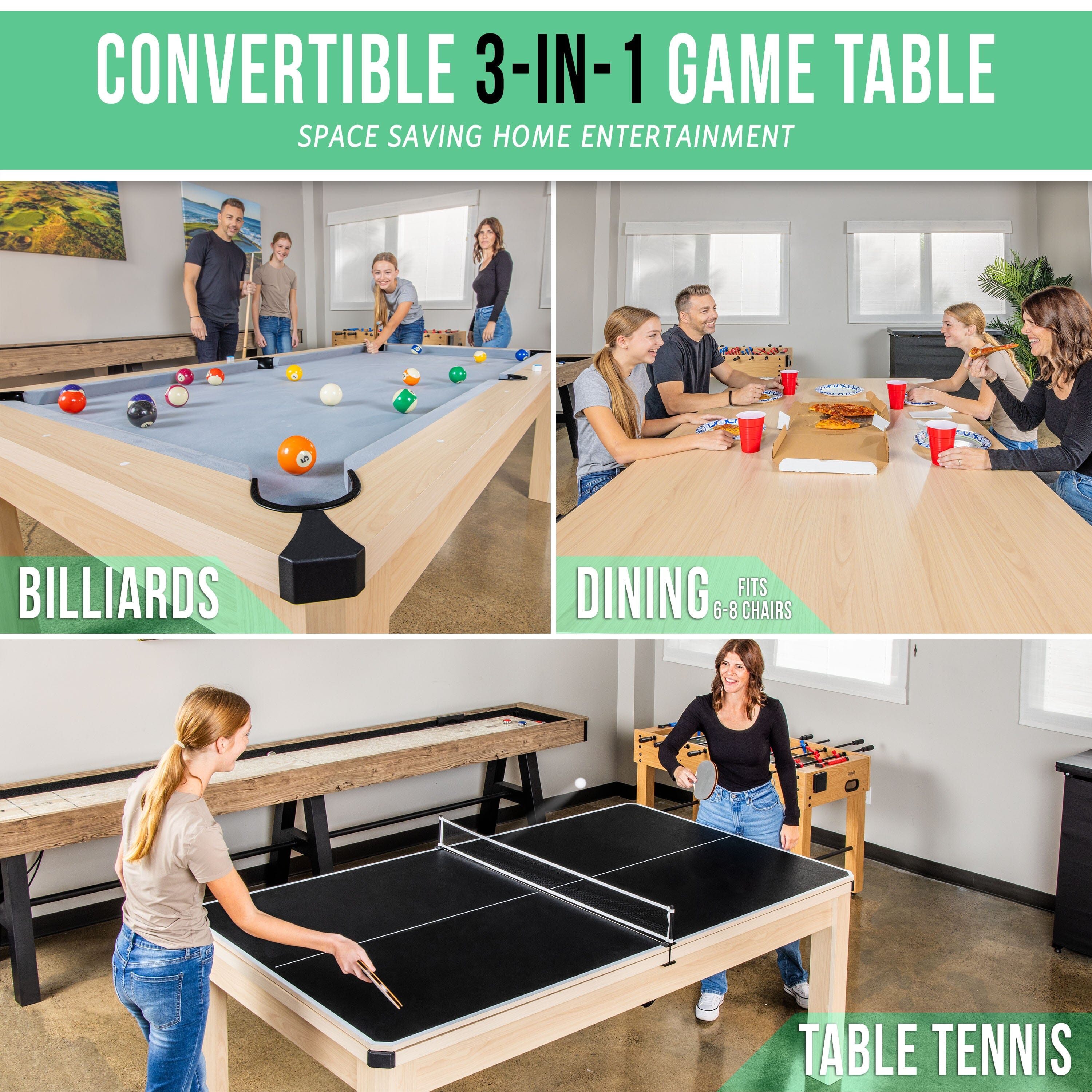 GoSports 7 ft 3 in 1 Pool, Dining, & Table Tennis Combo Table - Convertible Top Game Table with Billiards and Table Tennis Accessories GoSports