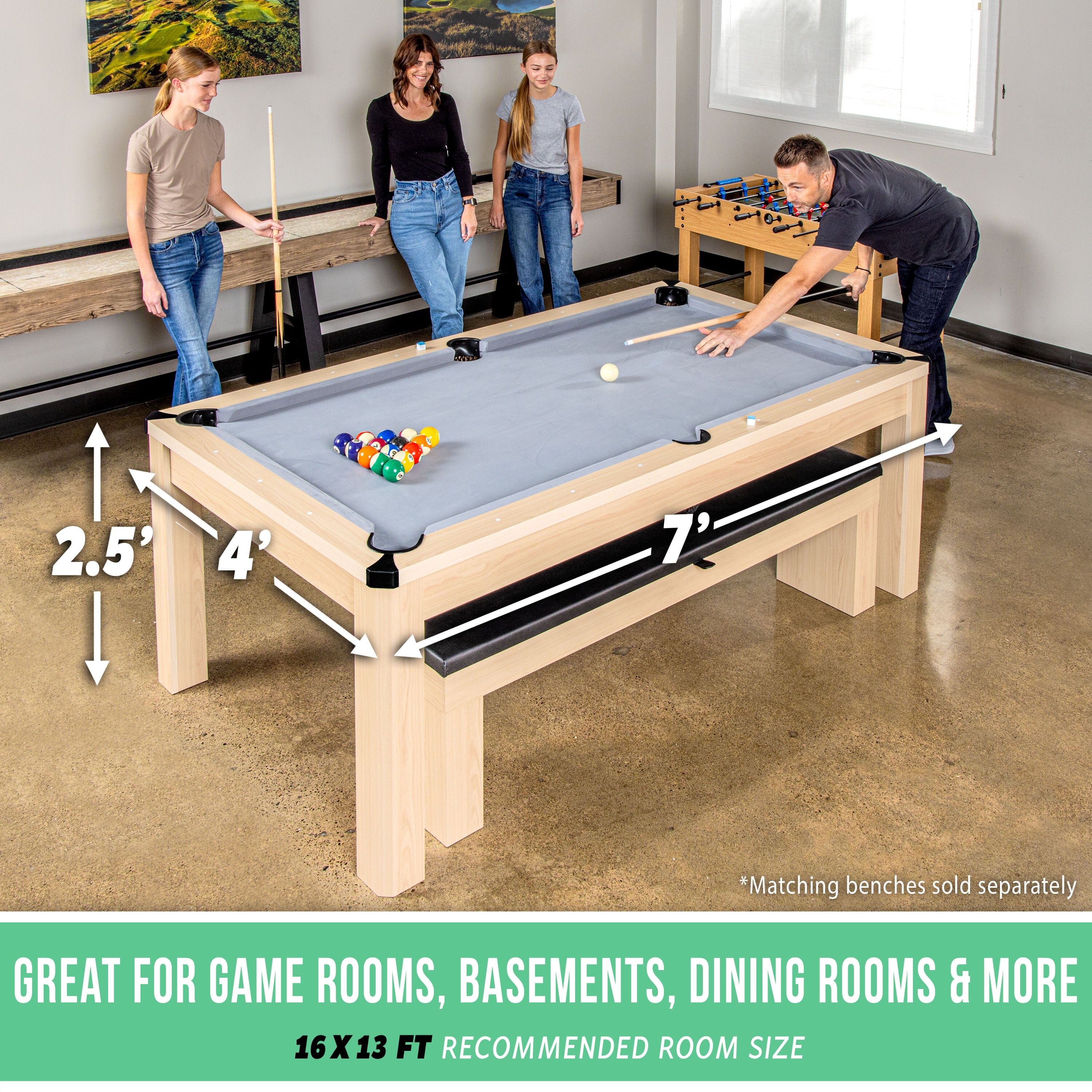 GoSports 7 ft 3 in 1 Pool, Dining, & Table Tennis Combo Table - Convertible Top Game Table with Billiards and Table Tennis Accessories GoSports