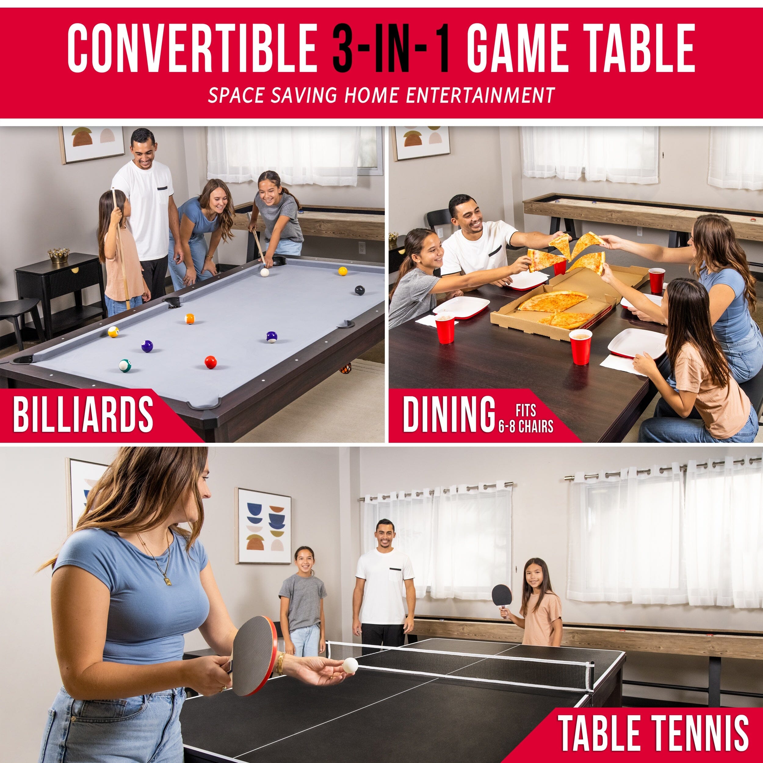 GoSports 8 ft 3 in 1 Pool, Dining, & Table Tennis Combo Table and Storage Benches - Convertible Billiards with Game Accessories PlayGoSports.com