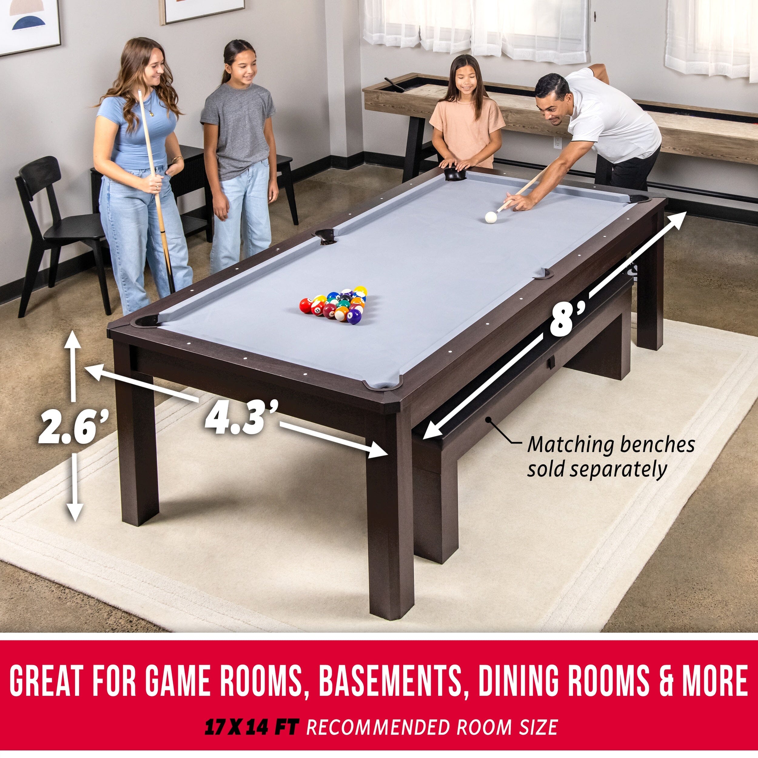 GoSports 8 ft 3 in 1 Pool, Dining, & Table Tennis Combo Table and Storage Benches - Convertible Billiards with Game Accessories PlayGoSports.com