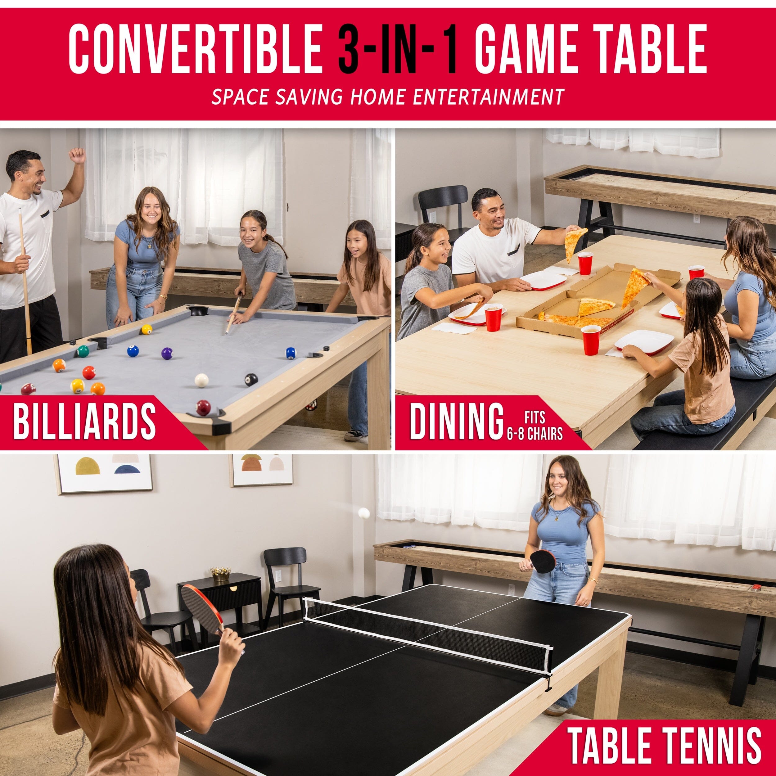 GoSports 8 ft 3 in 1 Pool, Dining, & Table Tennis Combo Table and Storage Benches - Convertible Billiards with Game Accessories PlayGoSports.com