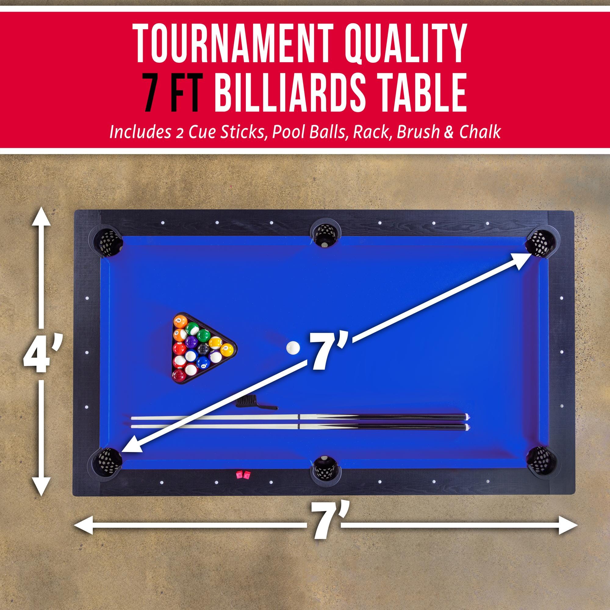 GoSports 7 ft Pool Table with Rustic Black Wood Finish - Modern Billiards Table with 2 Cue Sticks, Balls, Rack, Felt Brush and Chalk PlayGoSports.com