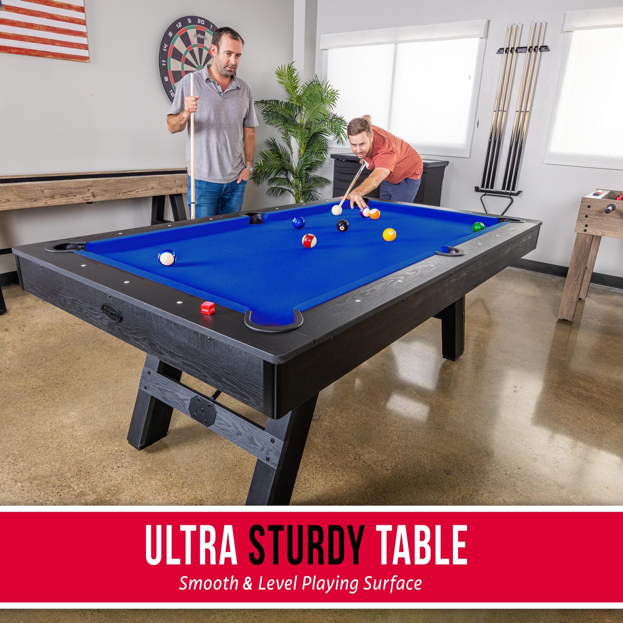 GoSports 7 ft Pool Table with Rustic Black Wood Finish - Modern Billiards Table with 2 Cue Sticks, Balls, Rack, Felt Brush and Chalk PlayGoSports.com